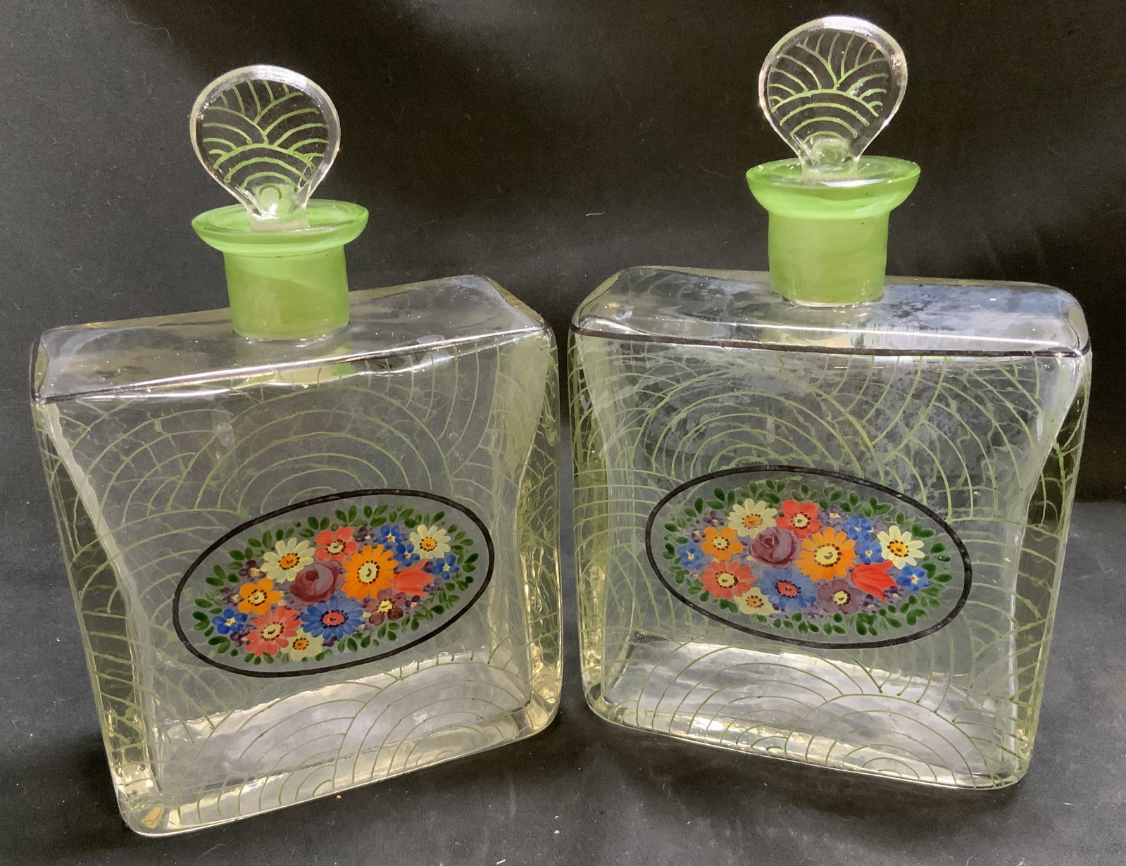 Lt2 Antq Art Deco Painted Glass Decanters Czech: 2 Antique Possibly Vintage Circa 1918-1938 Art Deco Style Clear Glass Rectangular Decanters. Marked Czecho-Slovakia. Painted green swirl designs on body and stoppers. Painted green rim and floral