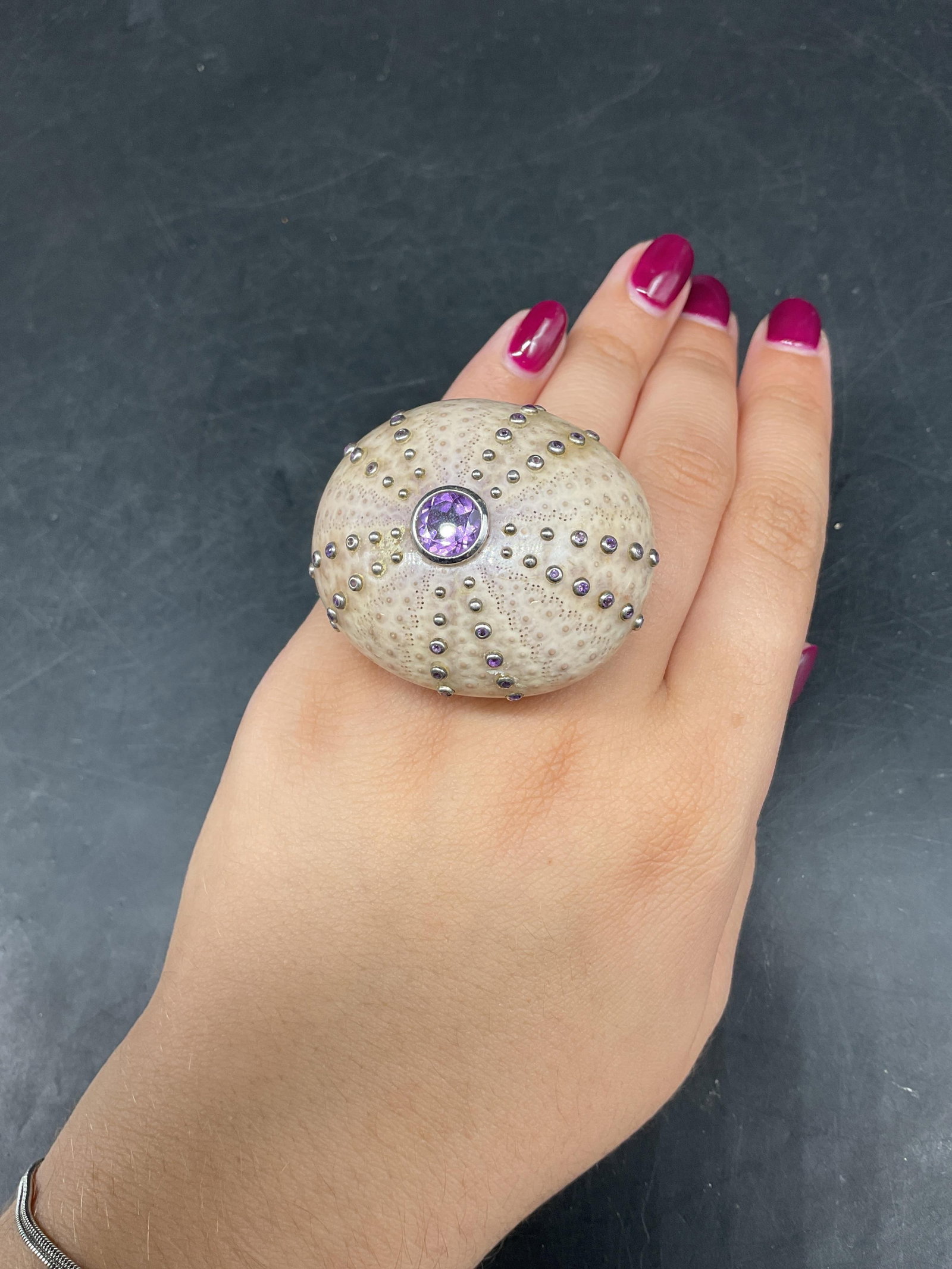 Vtg Sterling Silver Shell & Amethyst Ring - 9