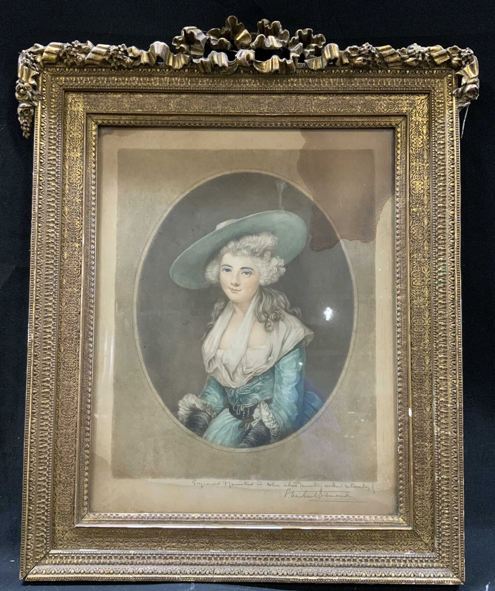 Antq Sgnd Color Mezzotint Print Frmd: Antq color mezzotint on paper. Produced by master engraver Samuel Arlent Edwards. Titled Miss Ann Bingham. Based on portrait painted by Sir Joshua Reynolds. Frame, surface wear to frame, professionall