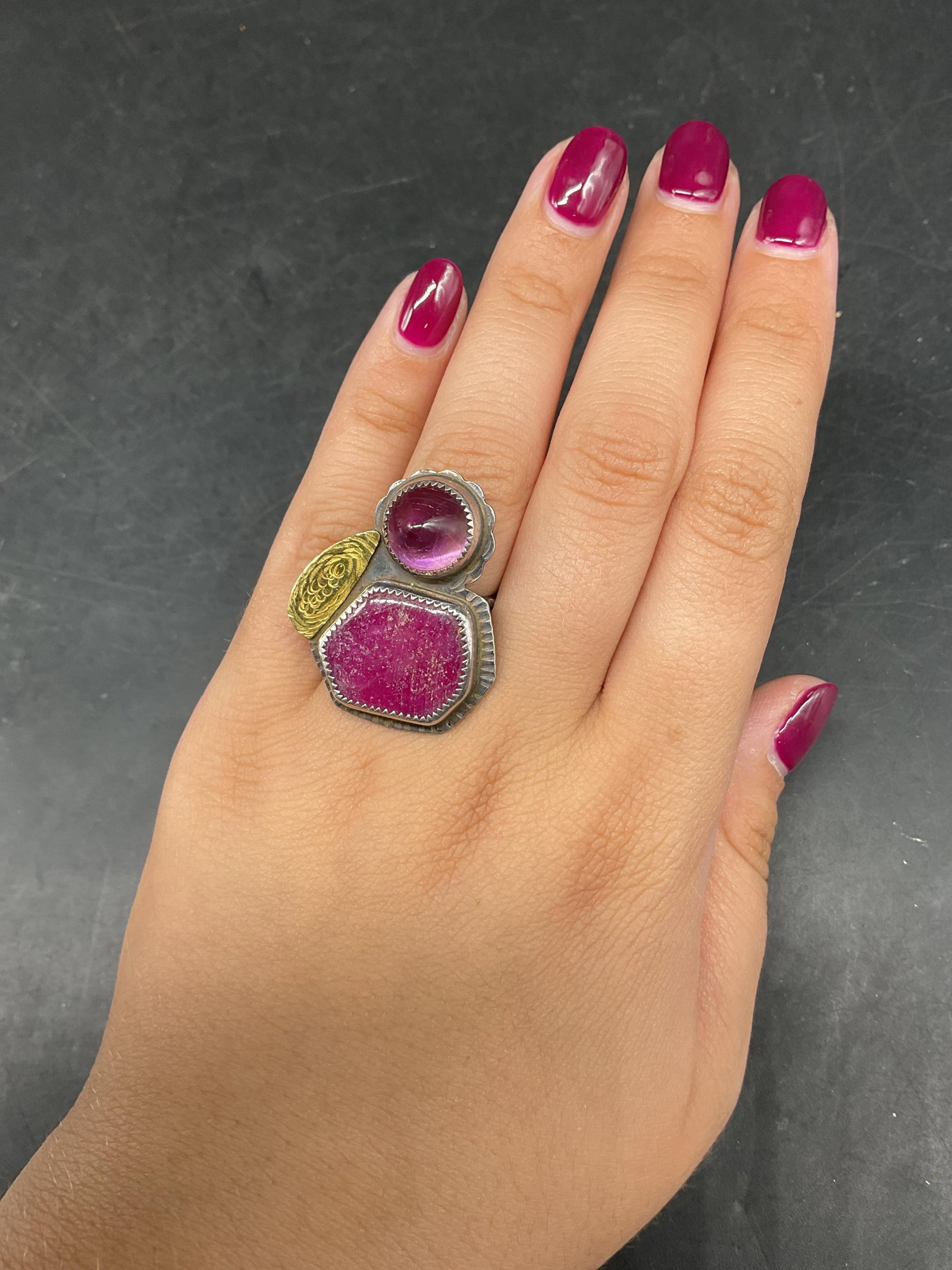 SGND Vtg Sterling Silver Ruby & Amethyst Ring - 8