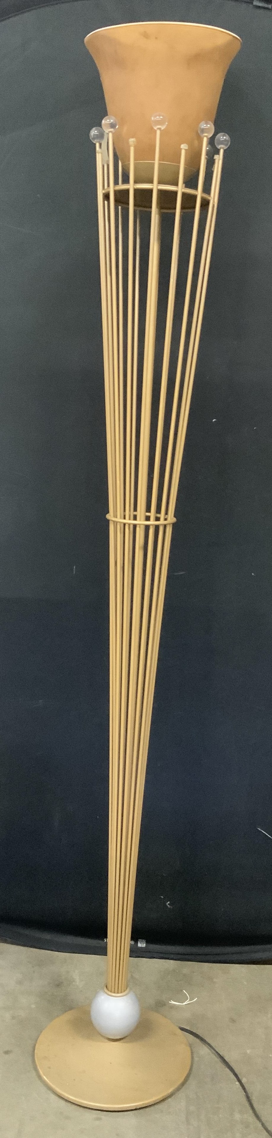 Post Modern Torchiere Floor Lamp: Post Modern Torchiere Floor Lamp with aesthetics elements of mid century and Hollywood regency sheaf of wheat designs, the sculptural floor lamp light fixture features a central column formed by a