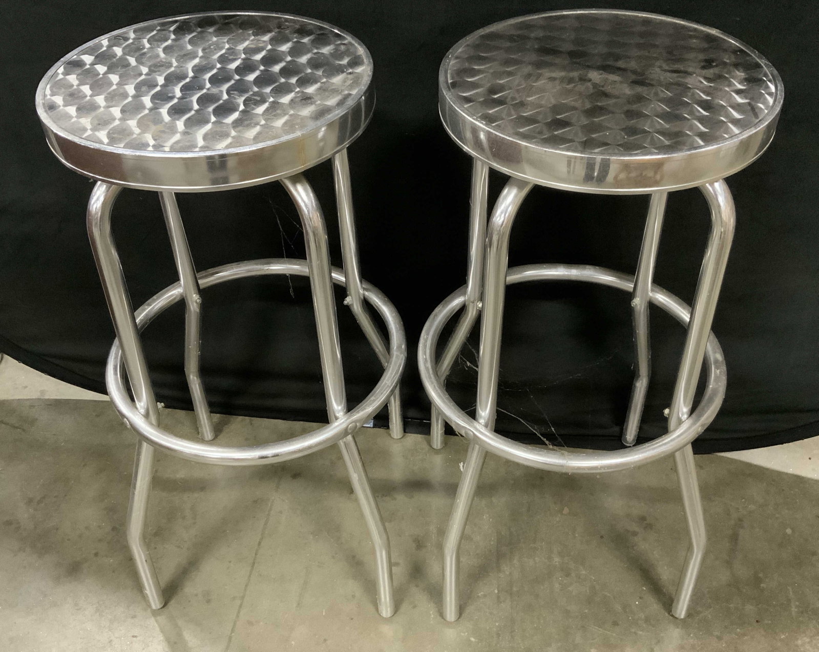 Pair Industrial Style Metal Chrome Bar Stools: Industrial style metal bar stools, tubular chrome legs, brushed chrome circular seats, double ring foot rest frame, bar stools, diner counter stools, retro style each measures ht 31 inches diameter 16