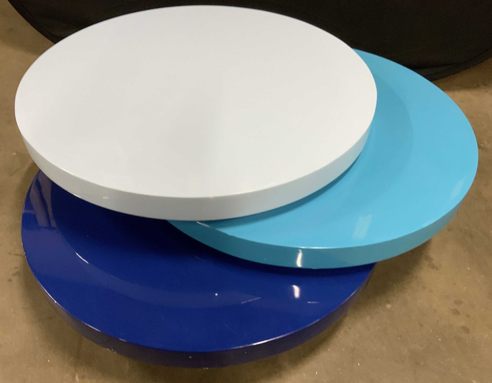 JONATHON ADLER Swiveling Blue Polly Cocktail Table: Jonathon Adler swiveling blue coffee table, one of a kind color way, table custom made for and by Jonathon Adler for his Hampton Home and photo shoot, , pale blue, turquoise and navy blue, white base,