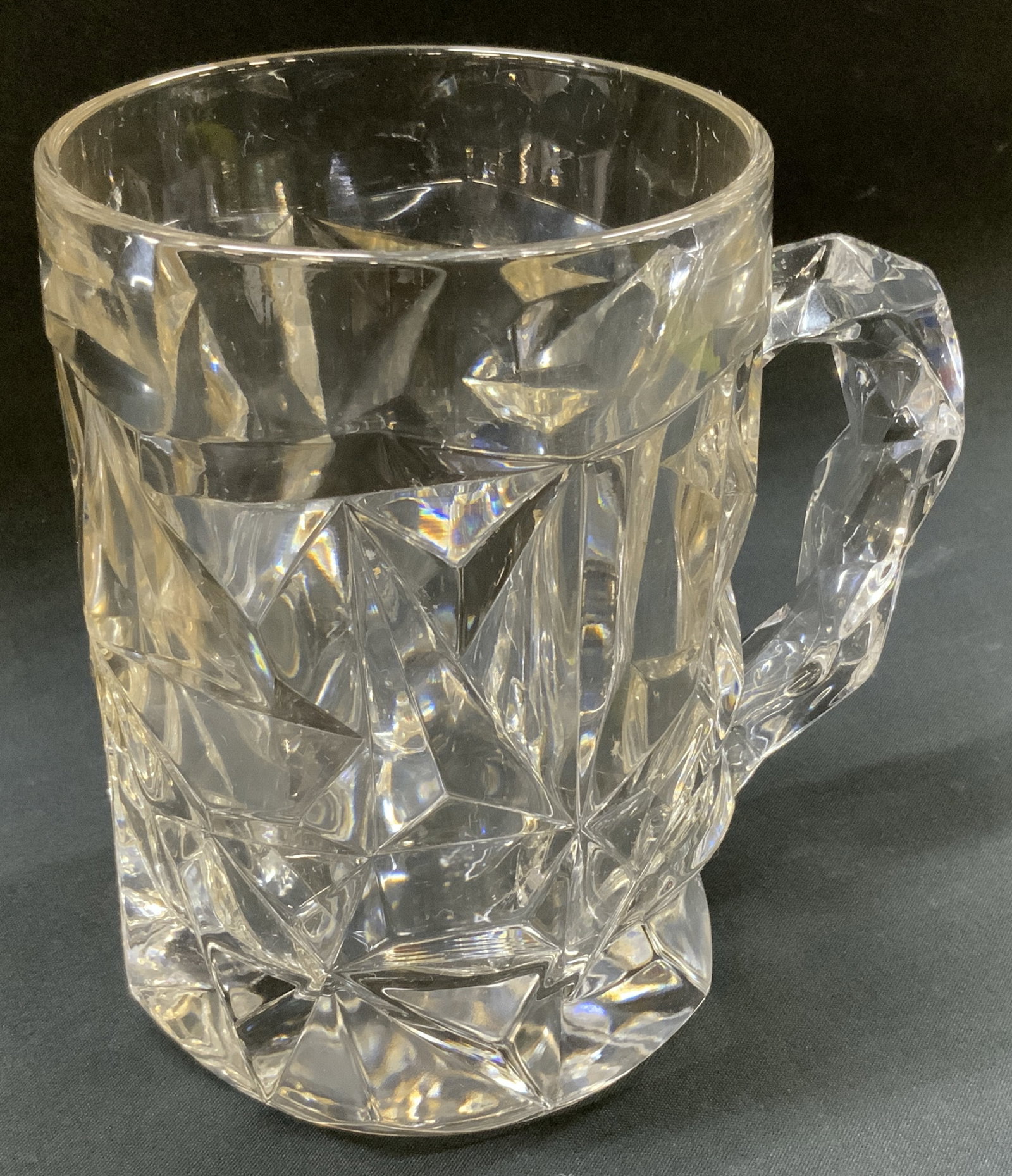 Vtg Tiffany & Co. Rock Cut Crystal Beer Mug: Vintage Tiffany & Co. Crystal beer tankard. Rock cut pattern, heavy multi geometric facets around entire cylindrical body and thick integrated handle. Bottom side marked Tiffany & Co. measures