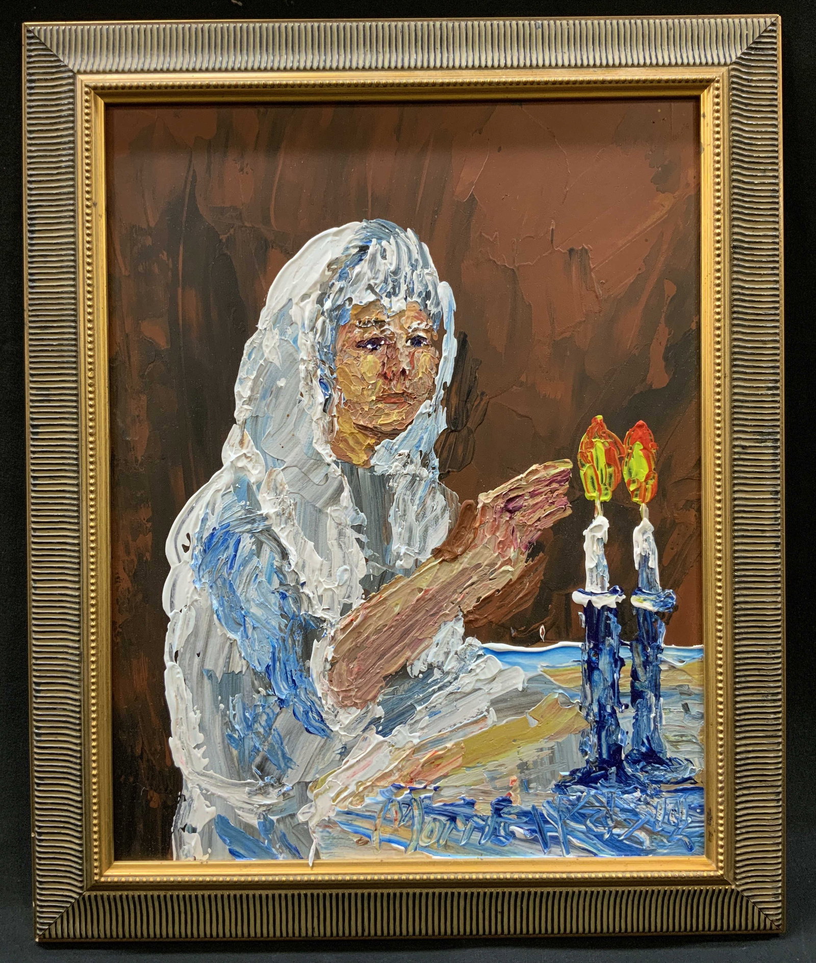 Vtg Sgnd Shabbat Candlelighter Painting Frmd (1 of 7)