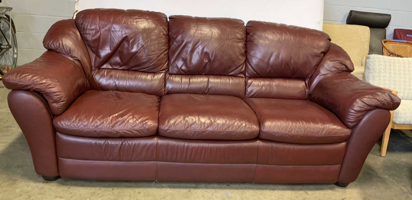 Three Seat Burgandy Leather overstuffed sofa, (1 of 10)