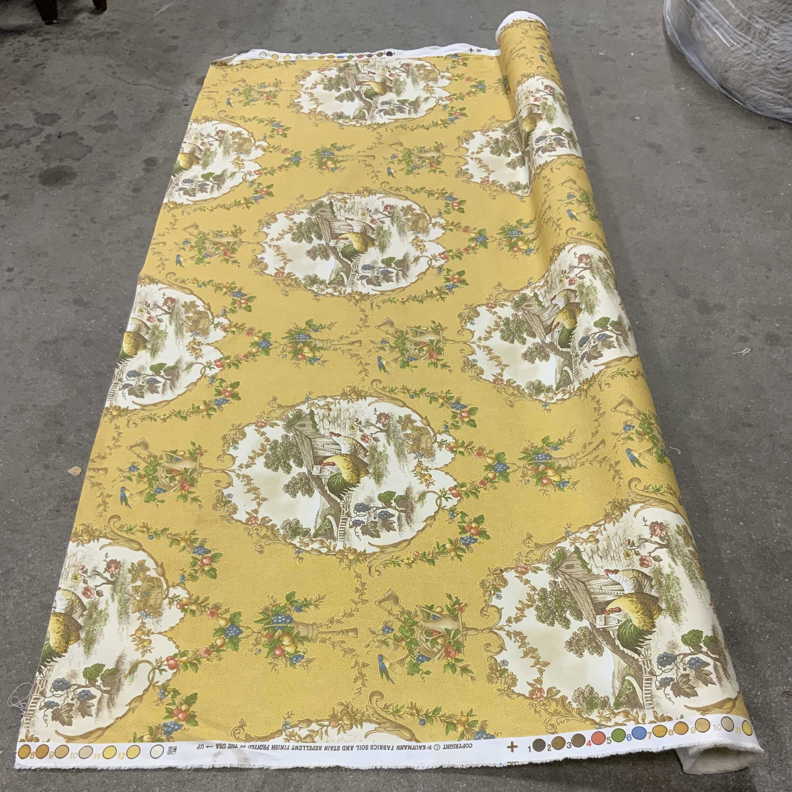 Vtg P. Kaufmann Country Fair Fabric Bolt USA: Vintage P. Kaufmann Country Fair Pattern Fabric Bolt. Originally released in 2002. USA. Cotton material. Features a traditional French country rooster and chicken toile motif inside detailed