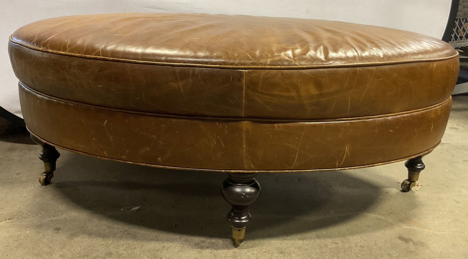 Large Oval Shaped Brown Leather Ottoman (1 of 9)