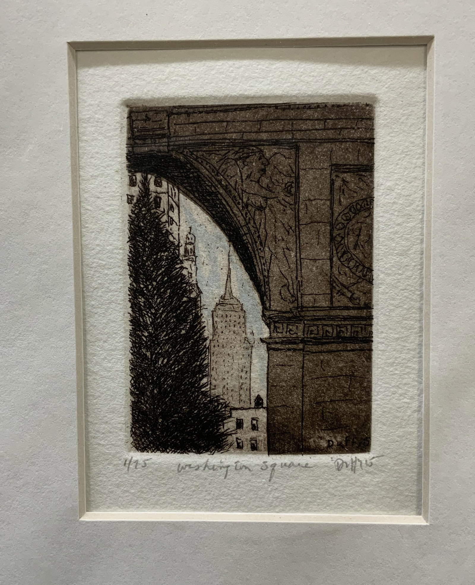 Vtg Washington Square Color Etching: Vintage color etching with aquatint titled Washington square. Signed Duffy 15 on image area and in pencil in bottom margin. Edition #1/25. Unframed, taped to mat board in protective sleeve. Condition 