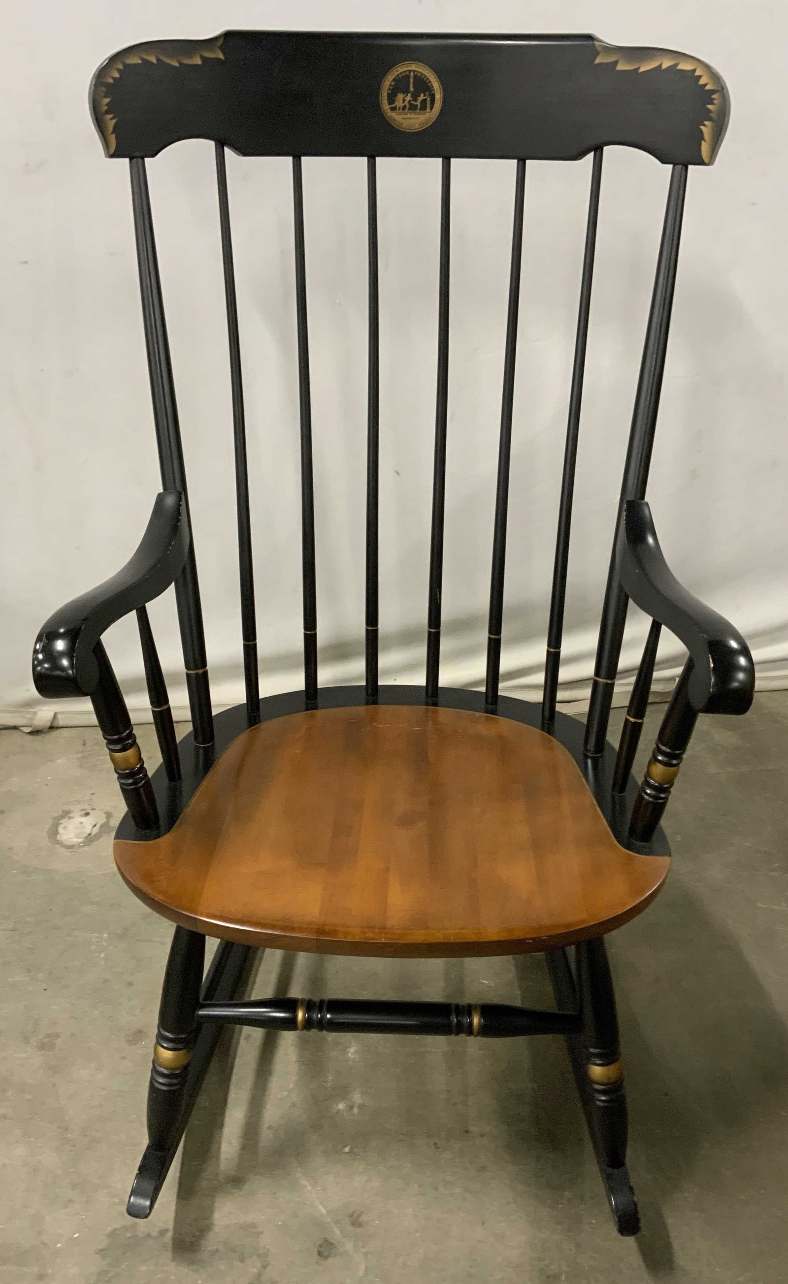 1947 NYU Wood Rocking Chair Graduation Gift: Classic Black and Gold Boston Rocker, Hitchcock Chair, warm wooden seat and a commemorative Seal on the head rest , the seal reads Federation of New York University, inc, 1925, alumni federation, this