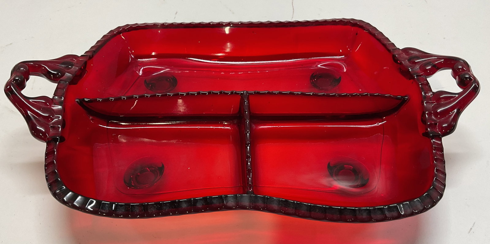 Vtg Ruby Red Glass Footed Divided Serving Tray (1 of 9)