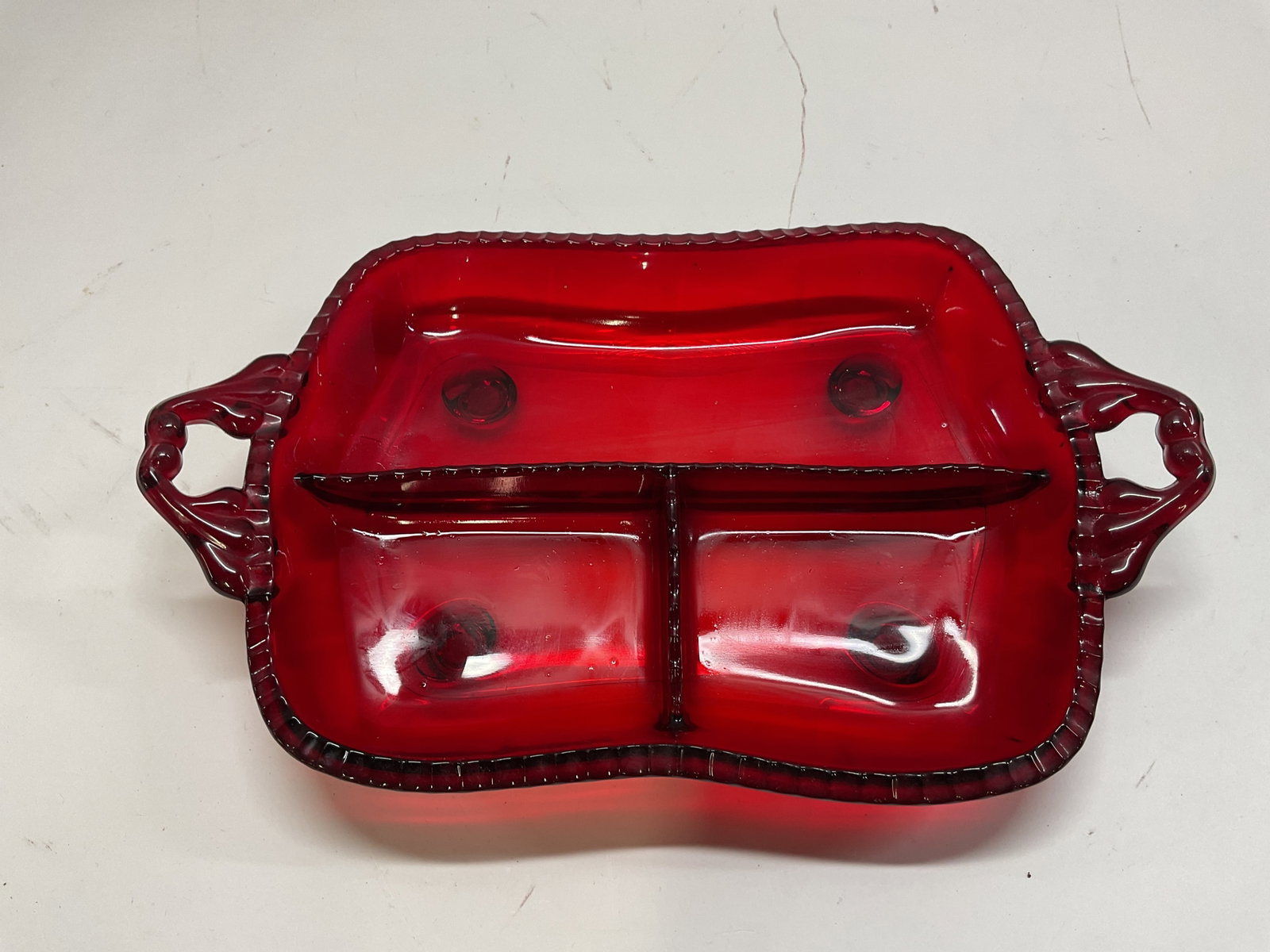 Vtg Ruby Red Glass Footed Divided Serving Tray - 2