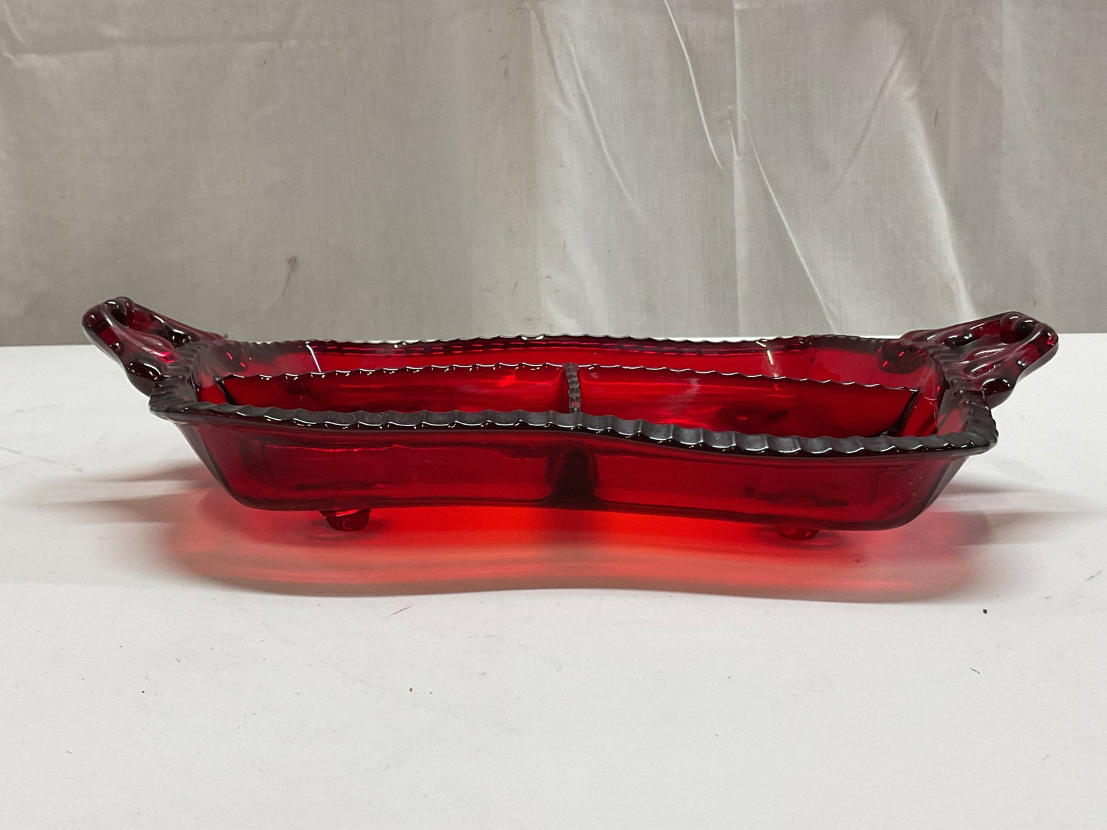 Vtg Ruby Red Glass Footed Divided Serving Tray - 3