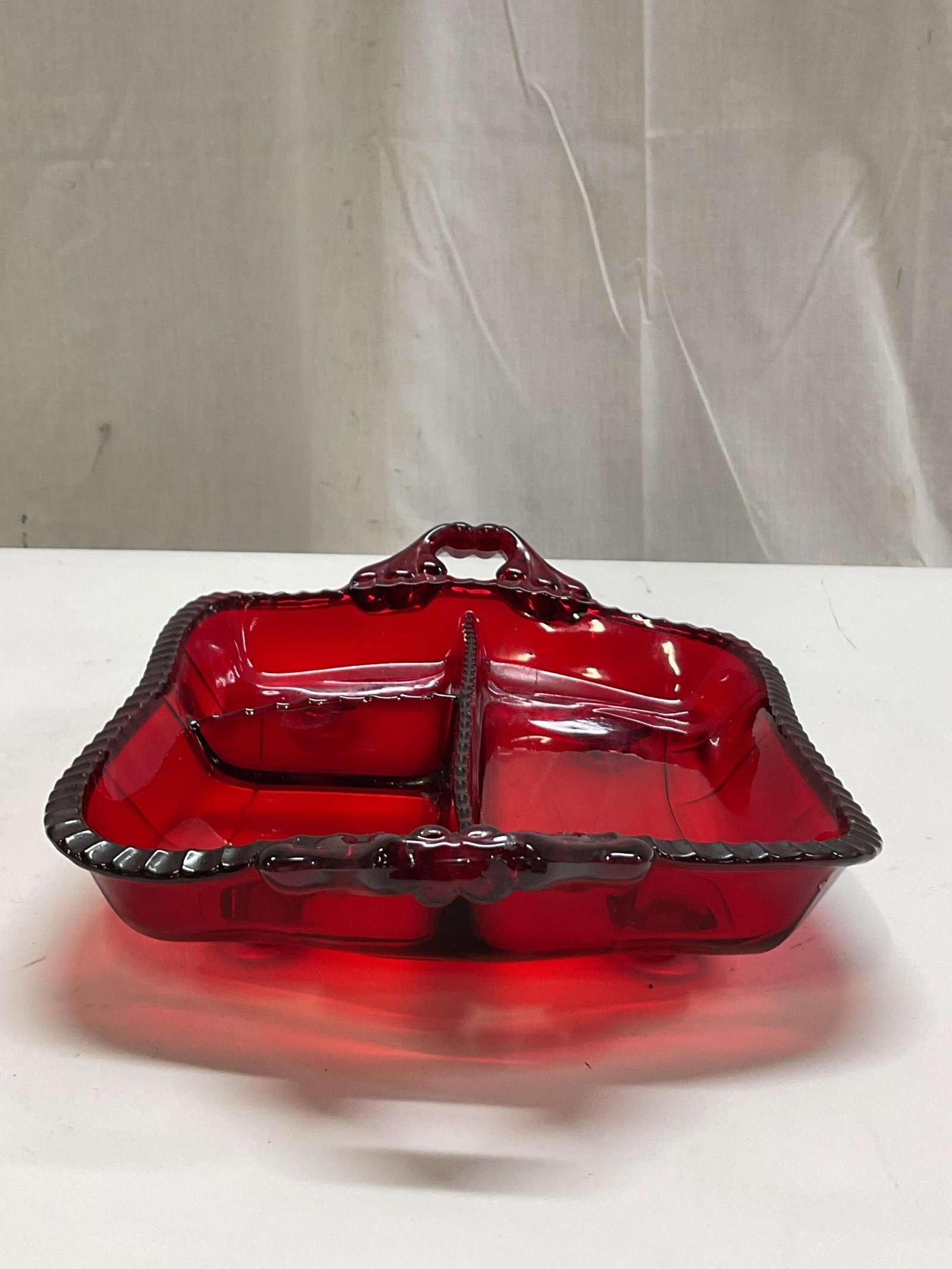 Vtg Ruby Red Glass Footed Divided Serving Tray - 4