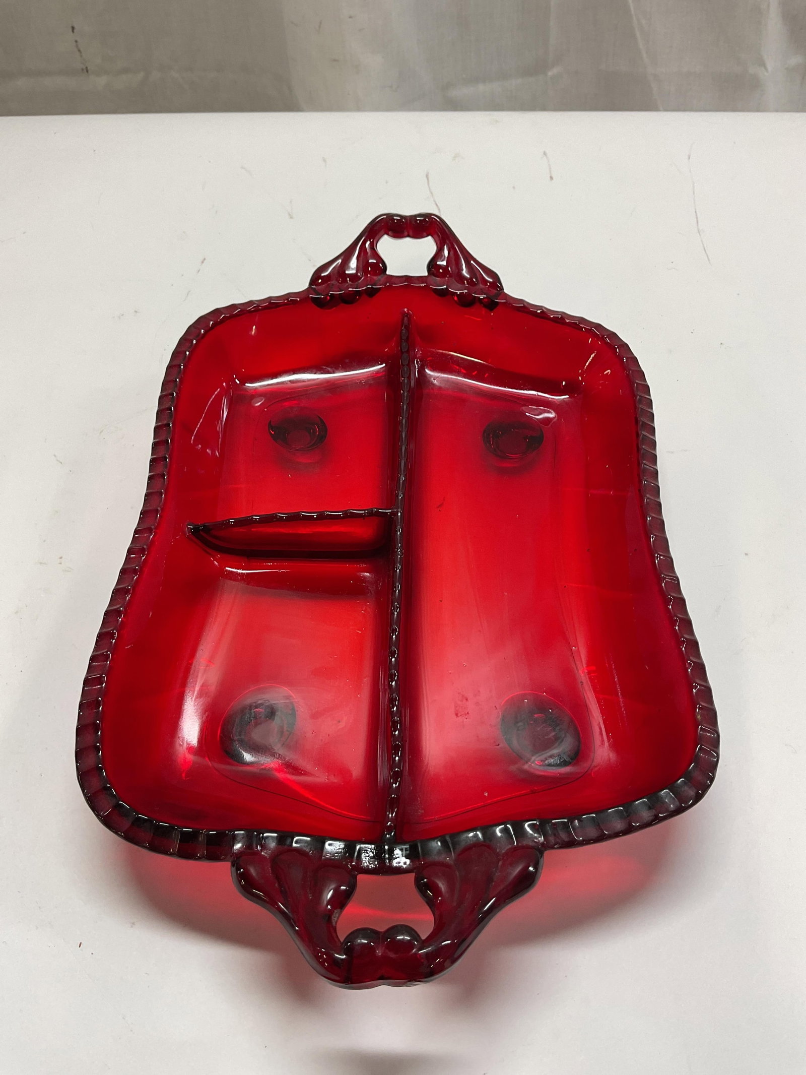 Vtg Ruby Red Glass Footed Divided Serving Tray - 5