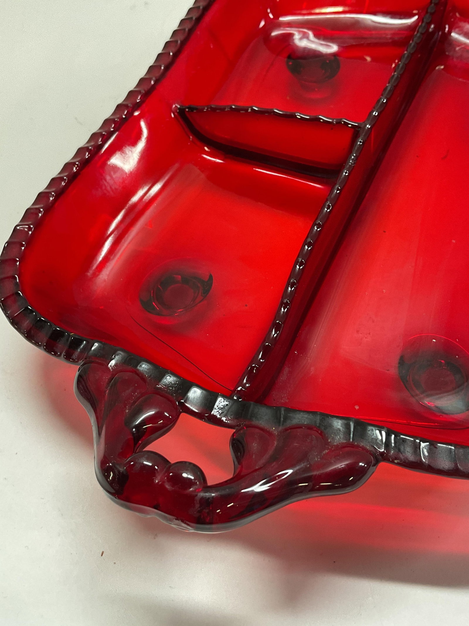 Vtg Ruby Red Glass Footed Divided Serving Tray - 6