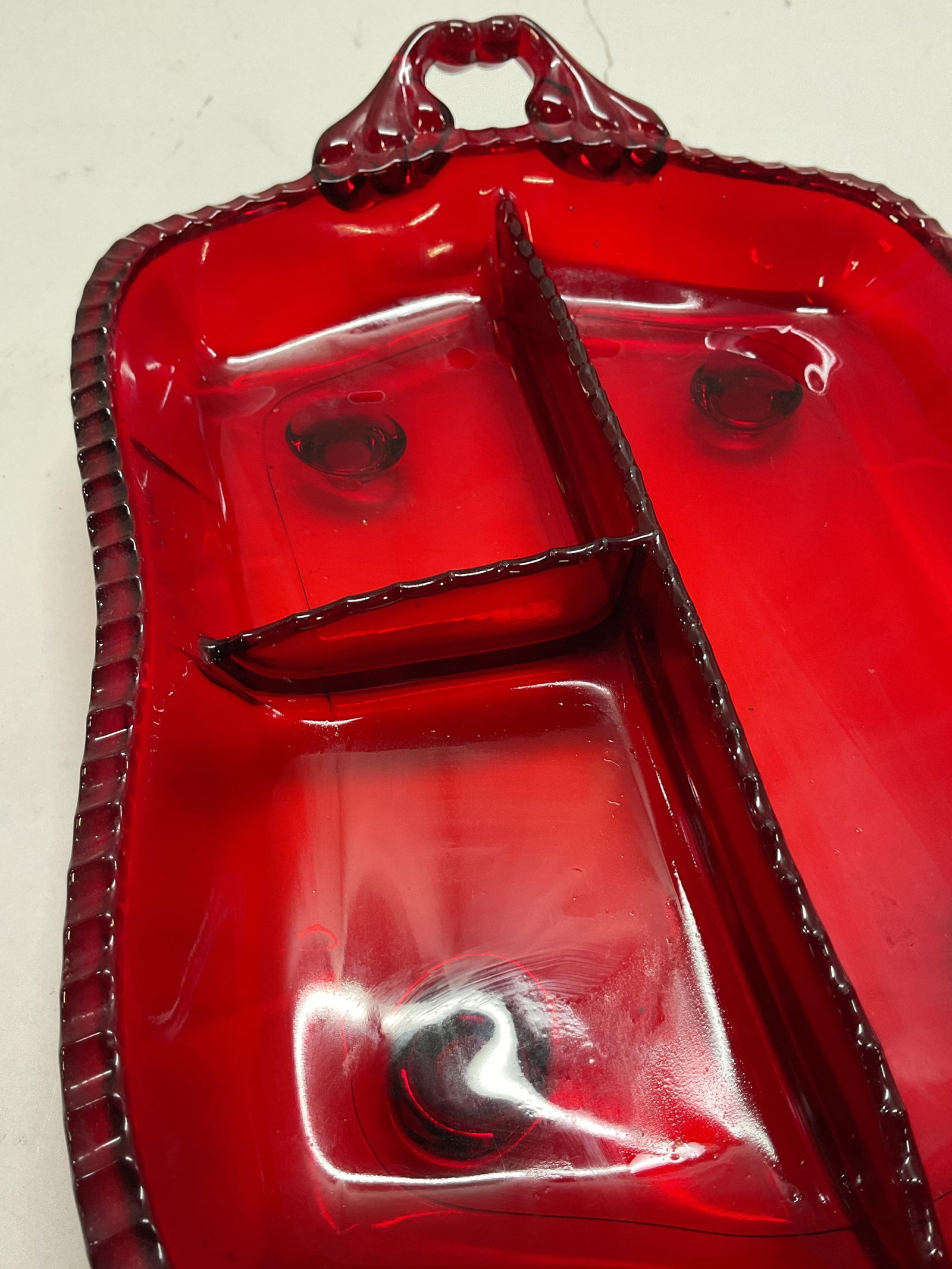Vtg Ruby Red Glass Footed Divided Serving Tray - 8