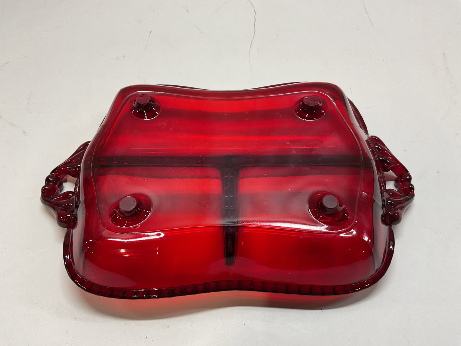 Vtg Ruby Red Glass Footed Divided Serving Tray - 9