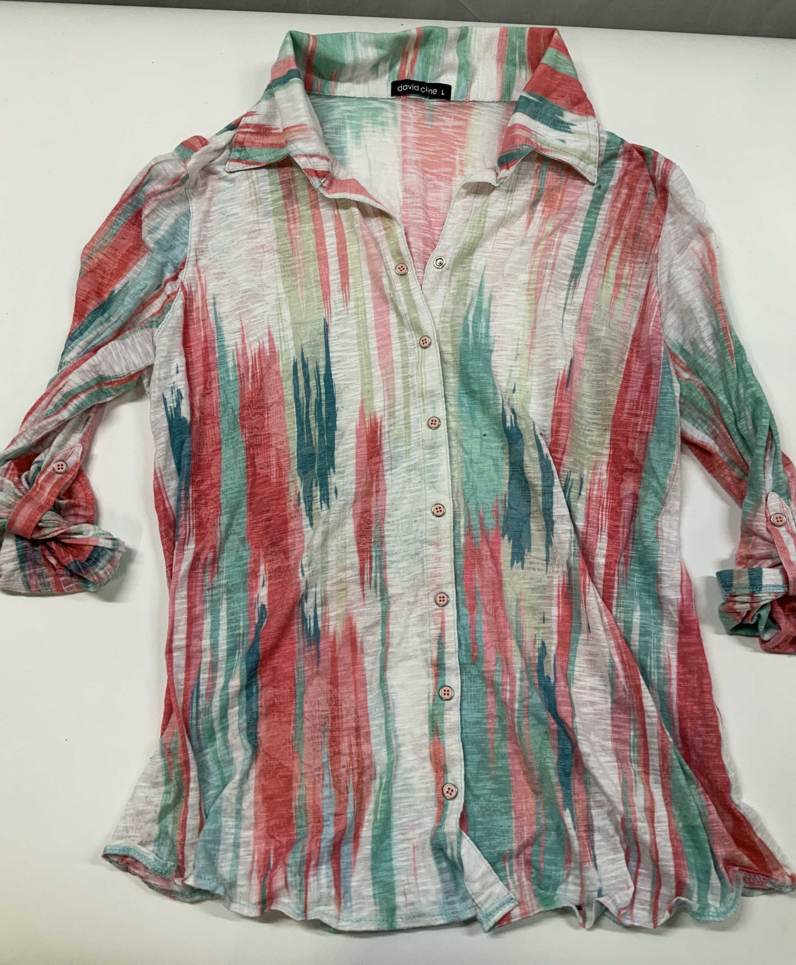 David Cline watercolor button up shirt, USA: David Cline water color button up shirt. Made in the USA in size Large. The David a line brand is widely known for its signature crushed fabric. The design is an abstract watercolor stripe. It uses