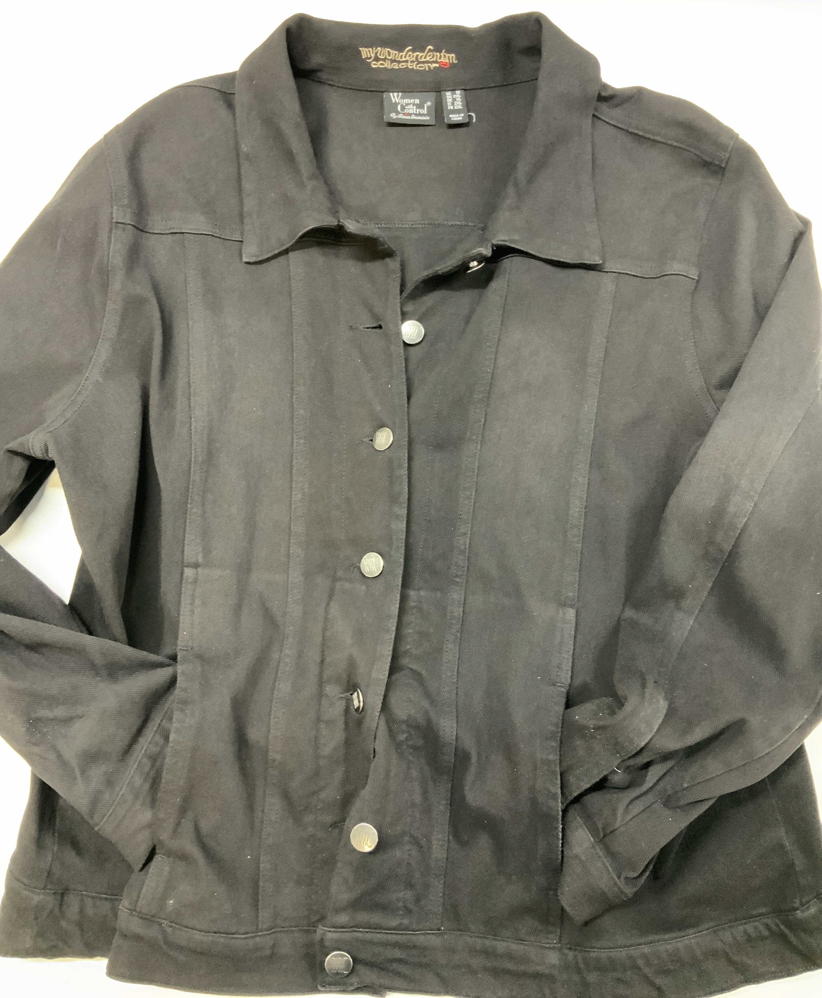 Women with control black denim jacket: Women With Control black denim jacket from the My Wonder Denim collection. Size 1X . Made of 95% cotton and 5% spandex. Vertical panel seeming in the front is designed to create clean lines and