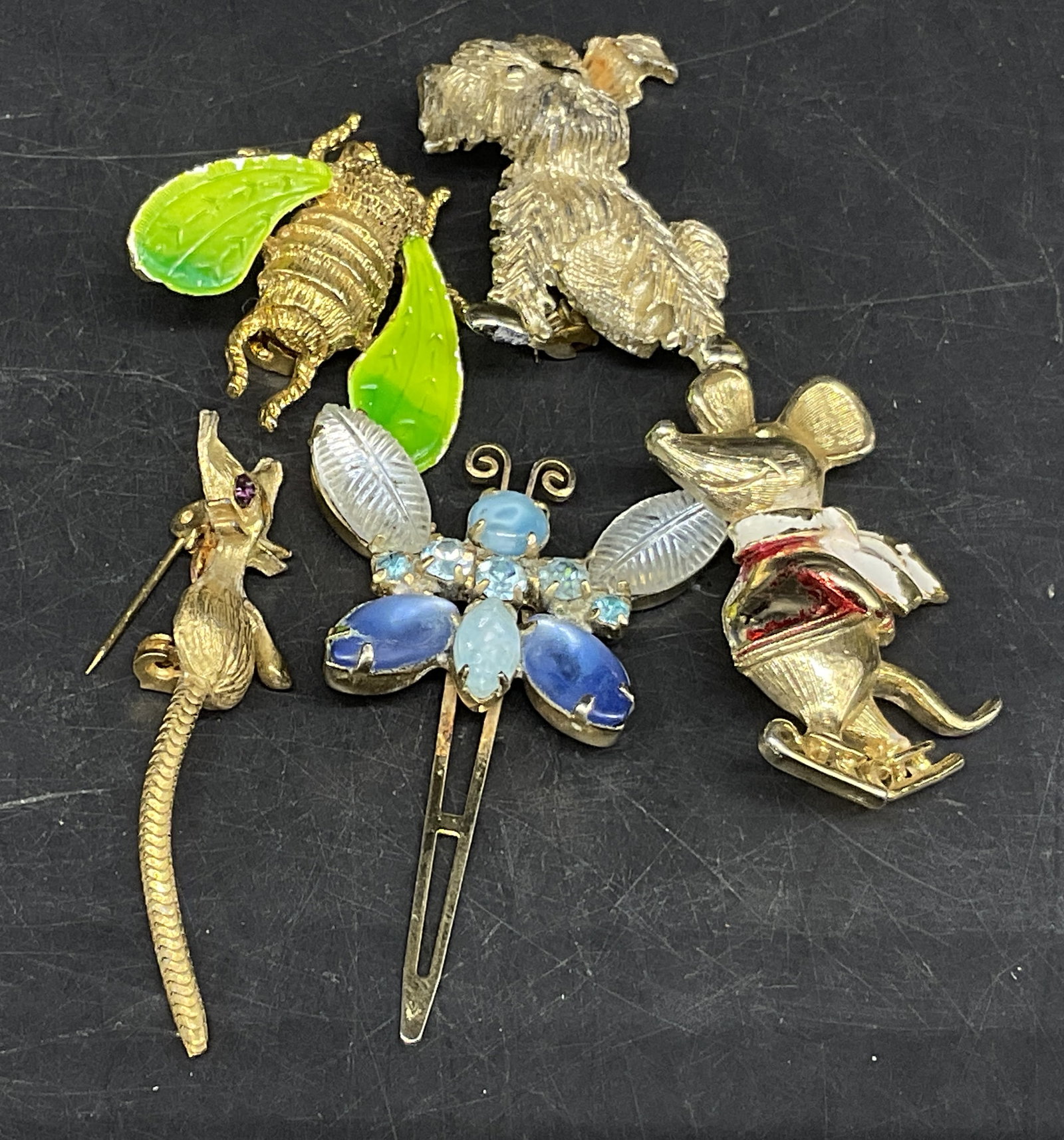 Lt5 VINTAGE Gold-Toned Animal Pins+: 5 Vintage Gold-Toned Animal Pins and Hair Accessories. Includes bumblebee brooch with green enamel wings, textured dog pin, dragonfly hair clip, cat with moving snake-chain tail, and an ice-skating