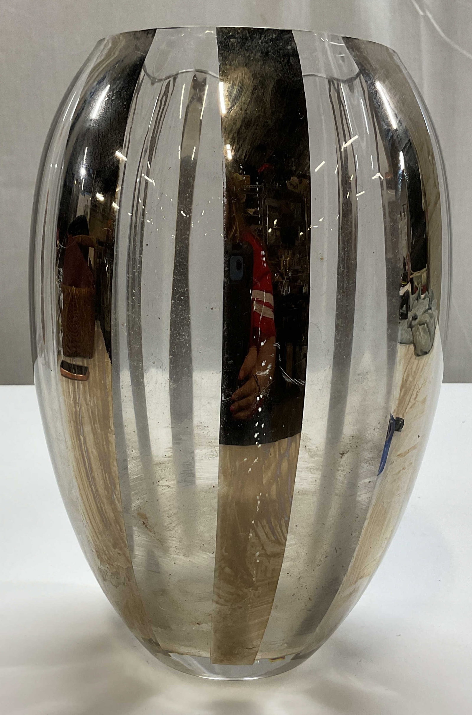 Vintage Clear Glass Mirrored Vase: Vintage clear glass mirrored vase. Bulbous body with wide rim. Silver toned mirrored stripes. Measures ht approx 9 inches diam approx 4.5 inches. Scratching and surface wear. Vase, home decor, decor,