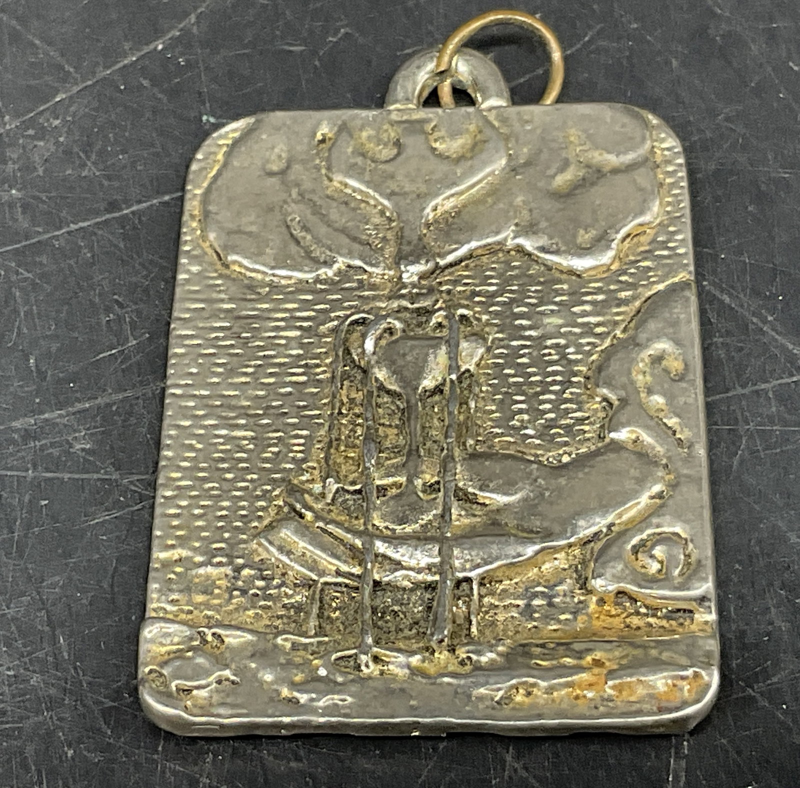 VTG 70s-80s Ace of Cups Tarot Card Pendant: Vintage Circa 1970s-1980s Silver-Toned Ace of Cups Tarot Card Pendant. Features artwork of hand holding chalice under descending dove. Text on back reads Grant me special understanding clarity of