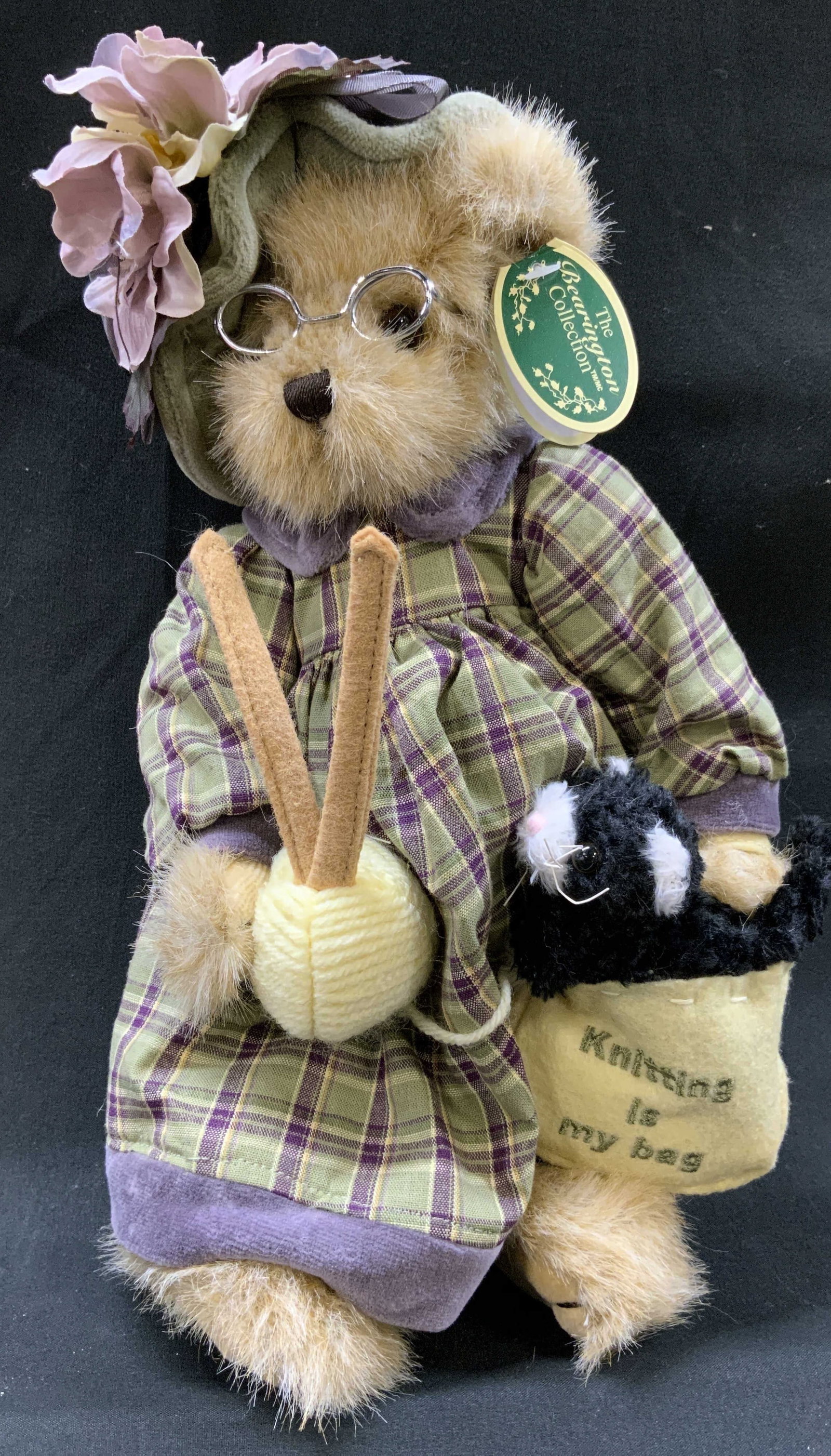 Vtg 2004 Bearington Mrs.Knitter Bear+Pearl IOB: Vintage 2004 retired collectors edition Bearington Collection fully jointed Mrs. Knitter Bear and Cat in bag, Pearl. Dressed in green and purple plaid granny dress with matching flower hat and wire ri