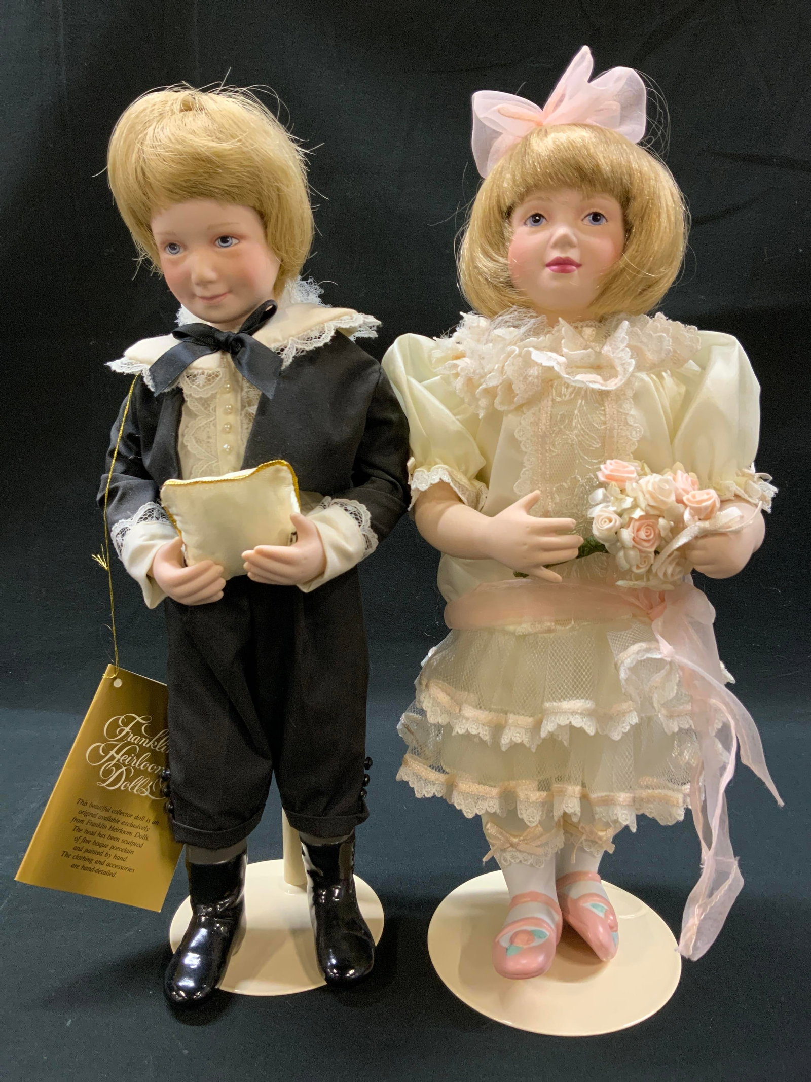 Set2 Vtg 1990 Franklin Heirloom Wedding Dolls: Vintage set of 2 Franklin Heirloom Dolls wedding flower girl and ring bearer. Part of Gibson Girl Wedding Party Collection. Andrew the Ring Bearer and Alicia the Flower Girl. Dressed in formal wedding