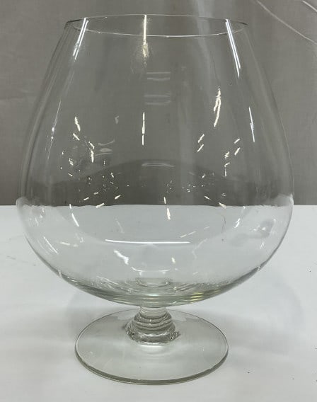 Vintage Clear Crystal Large Brandy Snifter: Vintage clear crystal large brandy snifter. Flat round base with short stem. Wide rounded bowl. Measures ht approx 10 inches diam approx 5.5 inches. Scratching. Brandy snifter, barware, tableware, hom