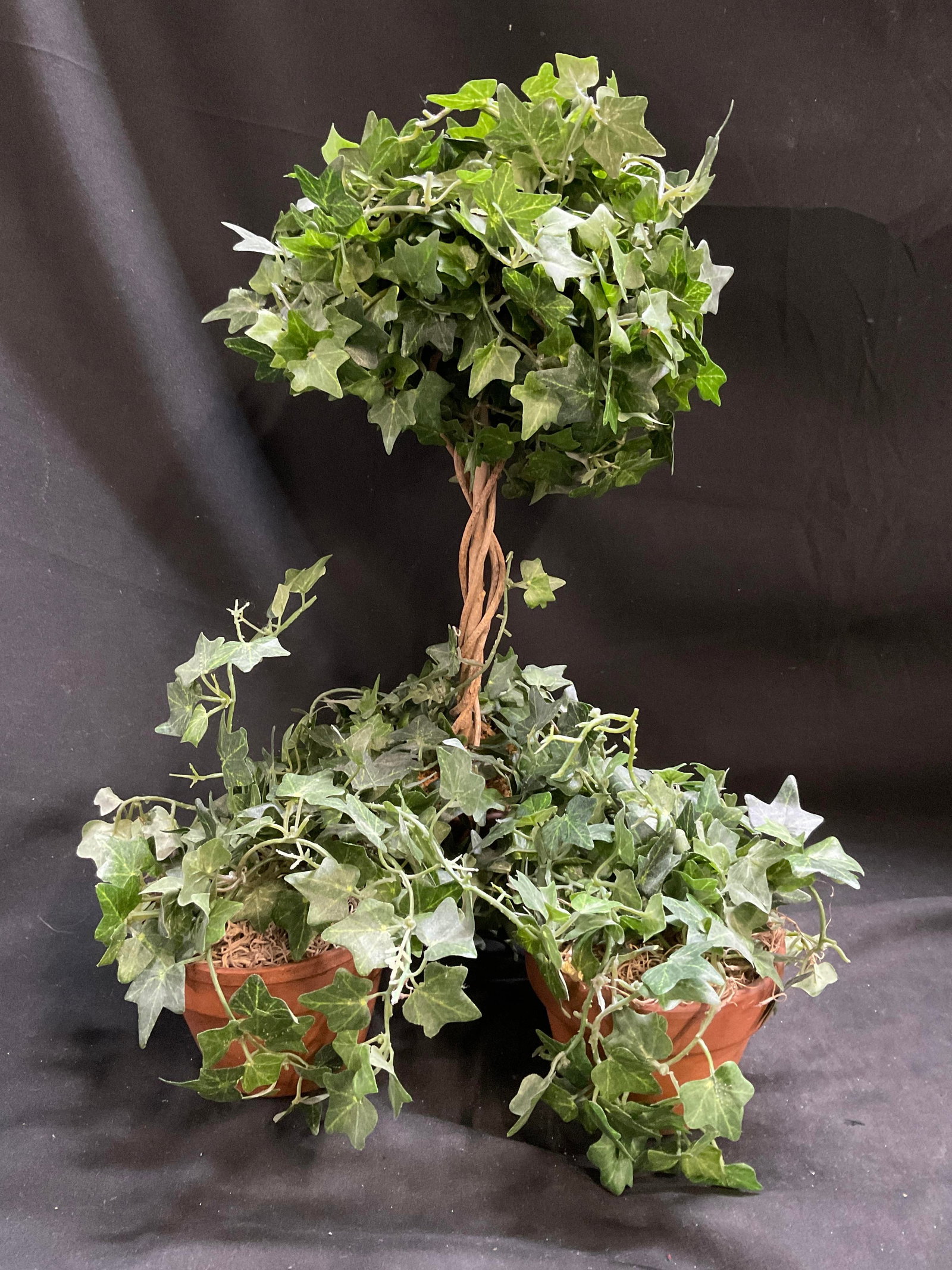 St3 Toepperweins TX Artif Plants Terracotta Pts: Set of 3 Toepperweins of Texas Artificial Ivy Plants in Terracotta Pots. Includes a single-ball topiary tree with a braided natural wood stem and 2 small ivy plants. Condition consistent with age and 
