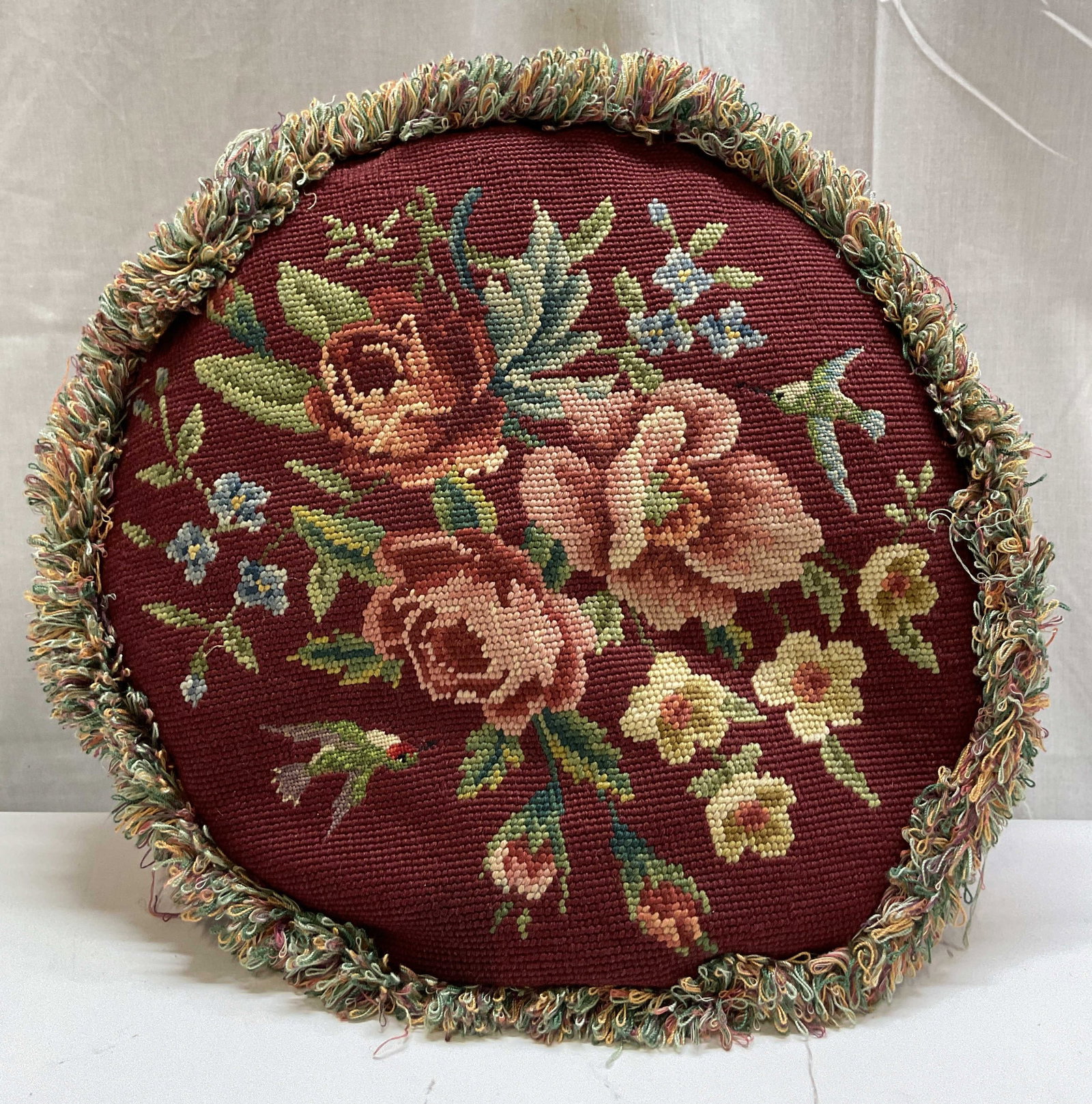 Vintage Floral Needlepoint Fringed Throw Pillow (1 of 7)