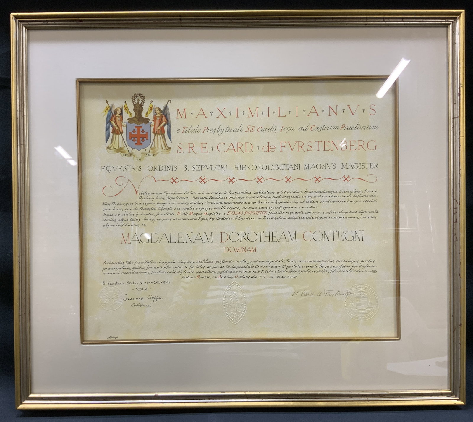 Vtg 1978 Vatican Holy Sepulchre Diploma, Framed: Vintage Vatican Knightly Appointment Document, Order of the Holy Sepulchre. Made Rome, Vatican/ Italy. Artist/author Maximilien de Furstenberg; scribe A. Giorgi. Dated December 16,1978. Printed docume