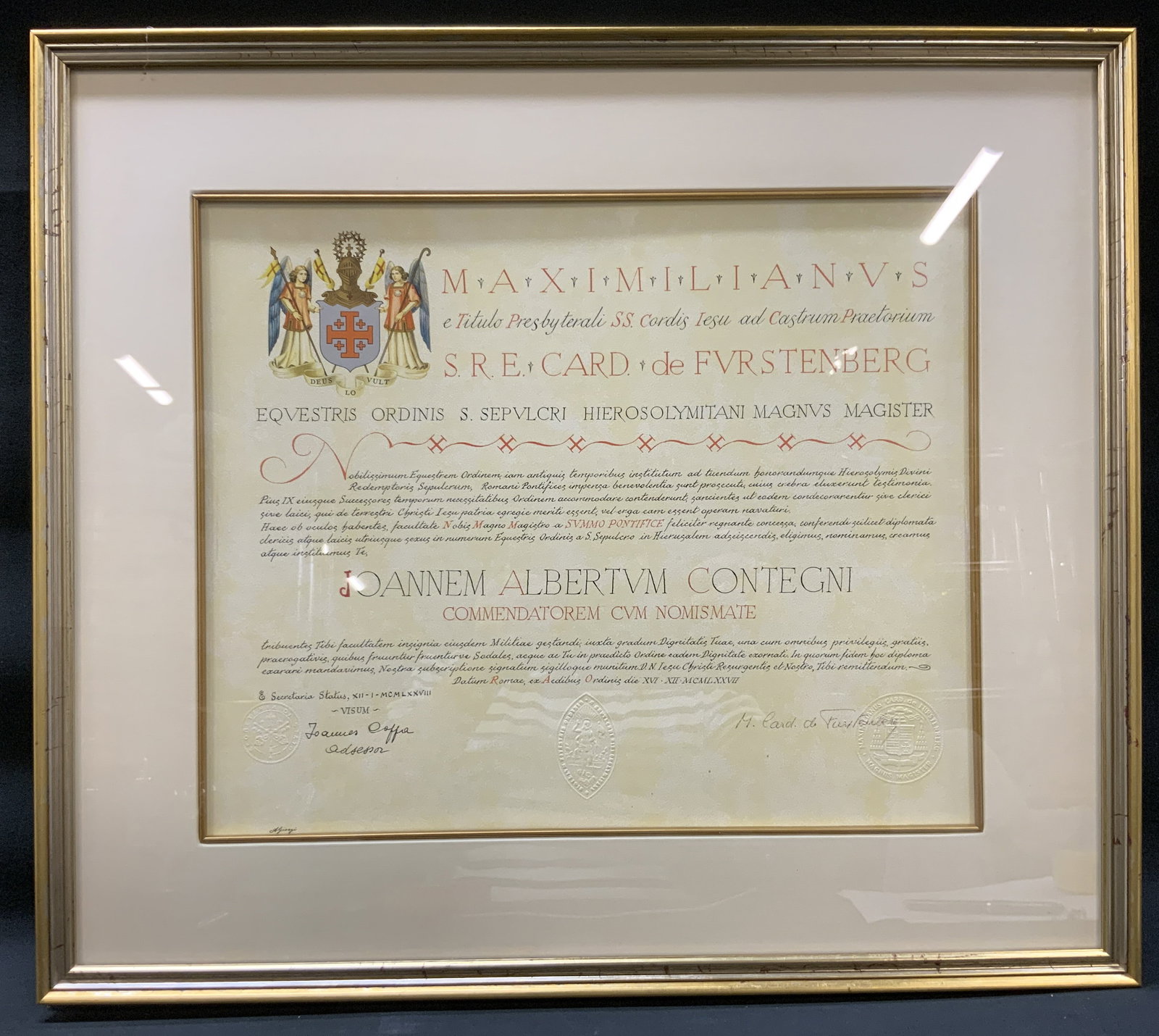 Vtg Vatican Holy Sepulchre Diploma, Framed: Vintage Vatican Knightly Appointment Document, Order of the Holy Sepulchre. Made Rome, Vatican/ Italy. Artist/author Maximilien de Furstenberg; scribe A. Giorgi. Dated December 16,1978. Printed docume