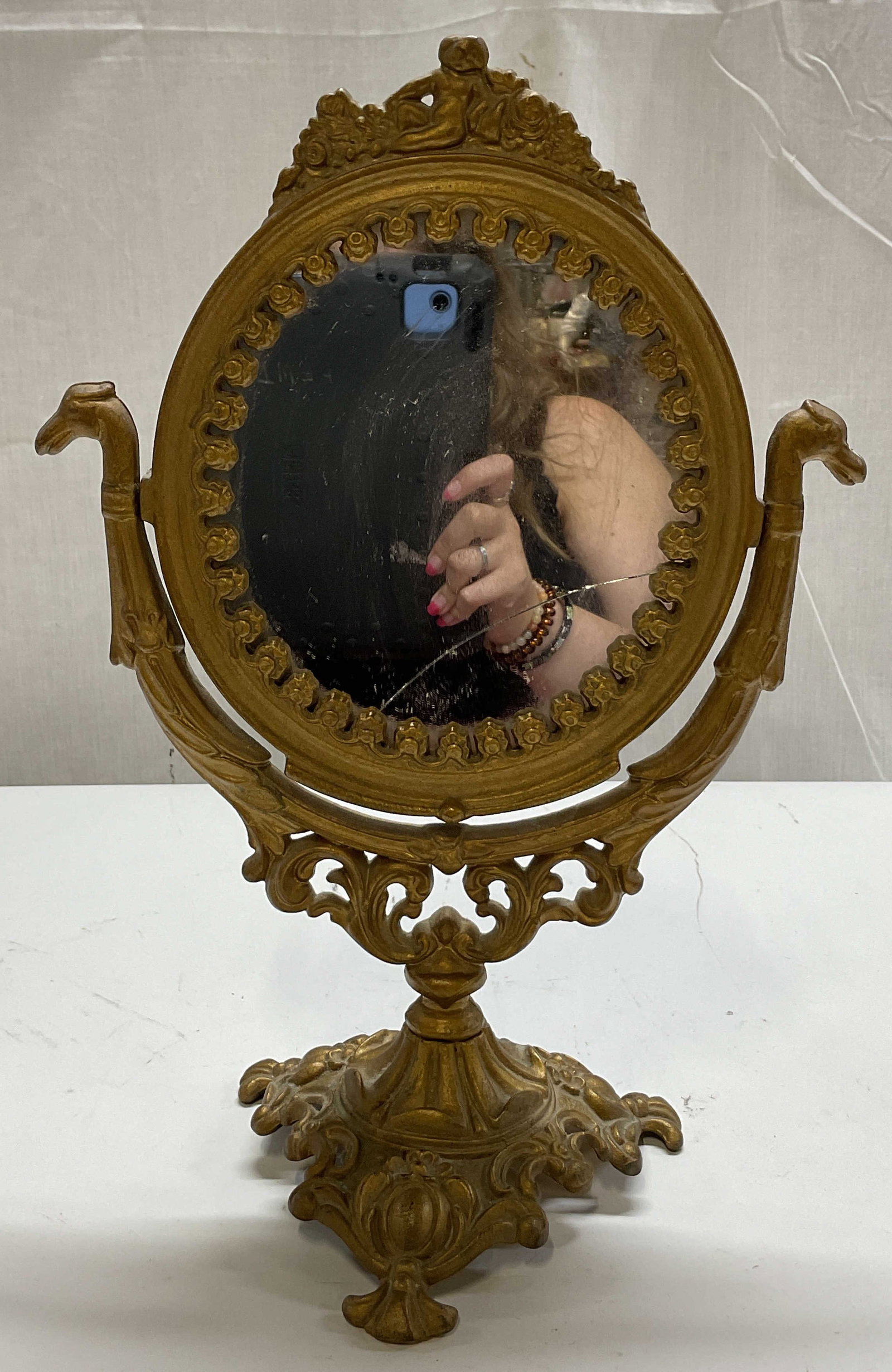 Vintage Cast Iron Gold Toned Swivel Vanity Mirror (1 of 11)