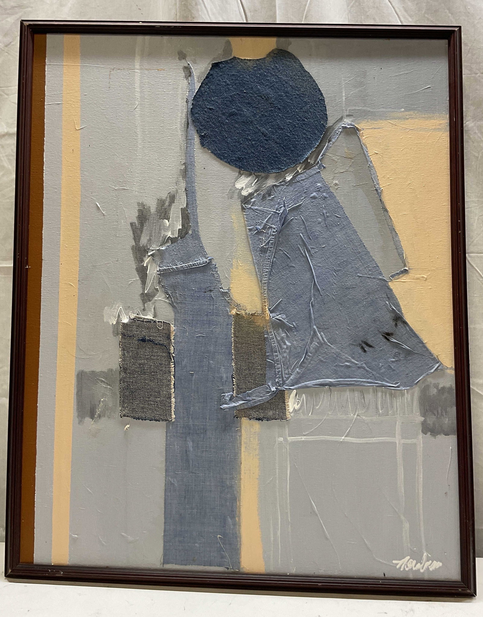 SGND Framed Abstract Mixed Media W Denim On Canvas: Framed abstract mixed media artwork on canvas. Signed in lower right corner. Framed in a dark wooden frame. Abstract shapes and motifs. Utilizes patches of denim and acrylic paint. Blues, whites, grey