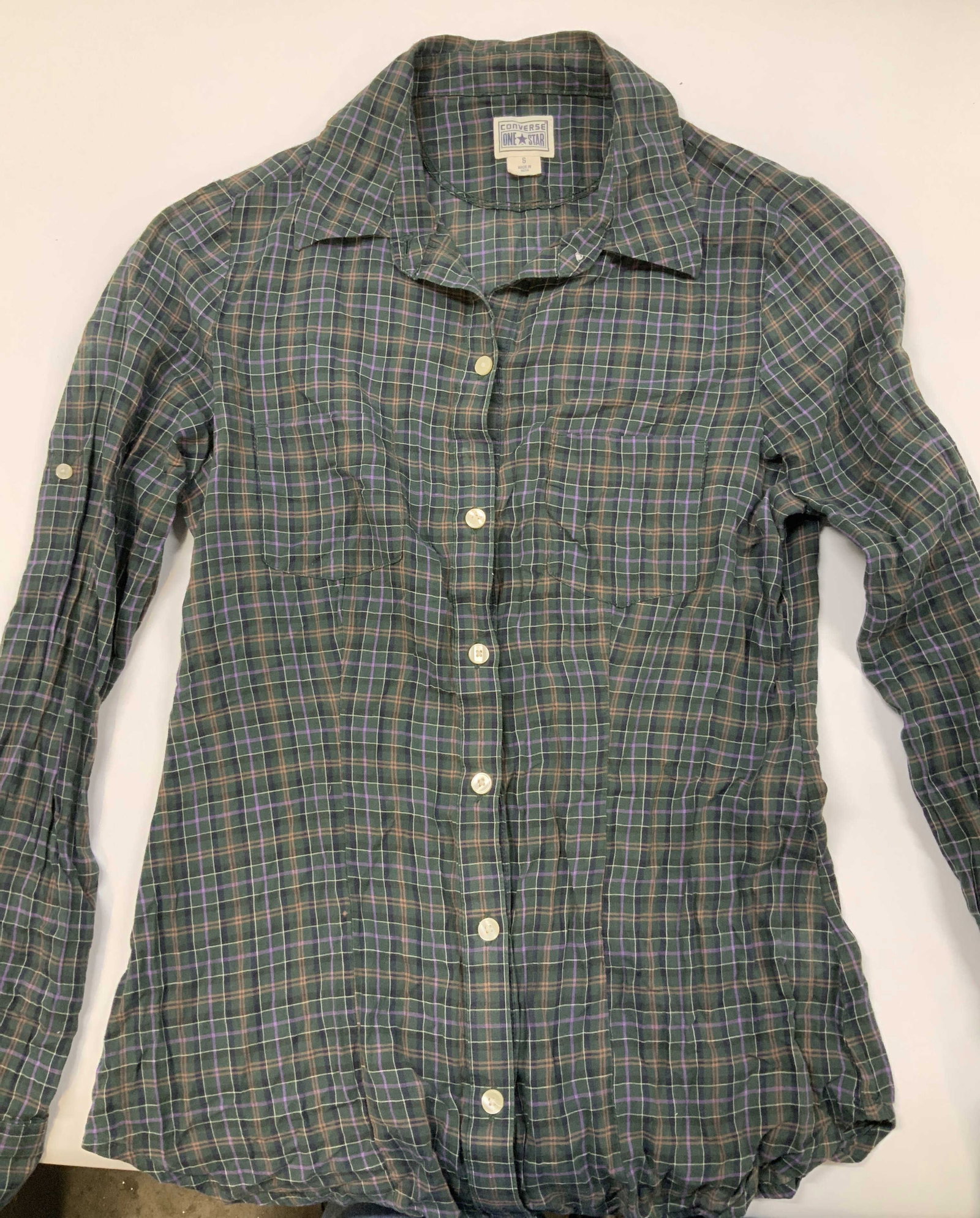 Vntg Converse One Star plaid button down shirt: Vintage CONVERSE ONE STAR plaid button down shirt. Made of 100% cotton in size small. Features a fine multi colored plaid pattern. The base is dark green interwoven with interesting lines of purples, 