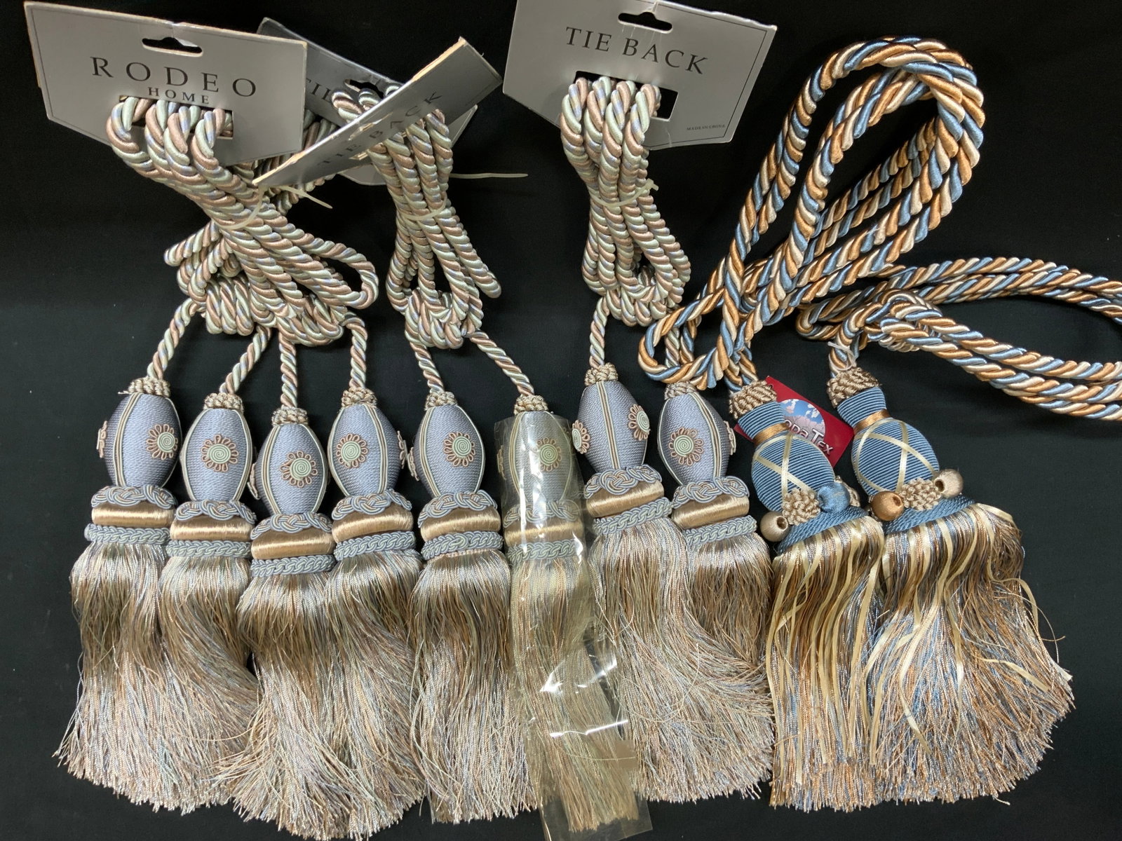 Vtg MxdLt6 Passementerie Tassel Tiebacks: Vintage lot of 6 New Old Stock passementerie curtain tassel tiebacks. From home decor brands EuropaTex and Rodeo Home. Retains original retail tags. Multiply twisted rayon cords, heavy structural