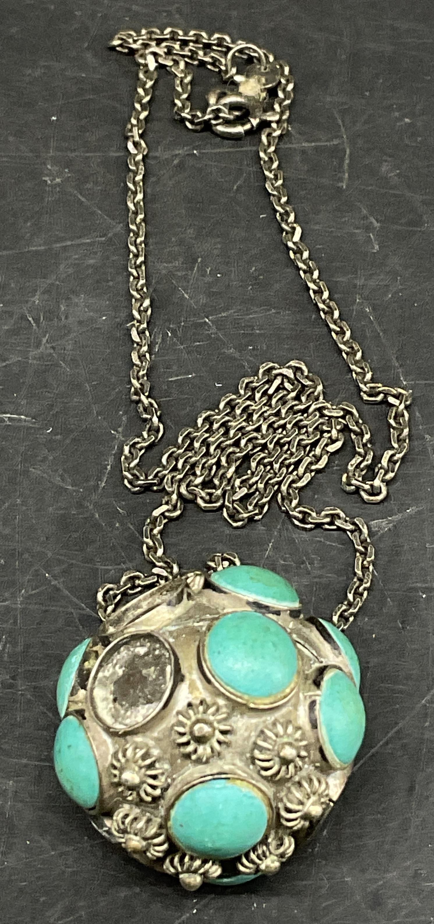 VTG Asian-Sty STERLING TURQ Orb Pendant Necklace: Vintage Asian-Style Sterling Silver and Turquoise Orb Pendant Necklace. Chain marked 925. Orb tests as sterling silver with PuriTEST. Tarnishing present. Missing stones. Measures approx 16in L. Total