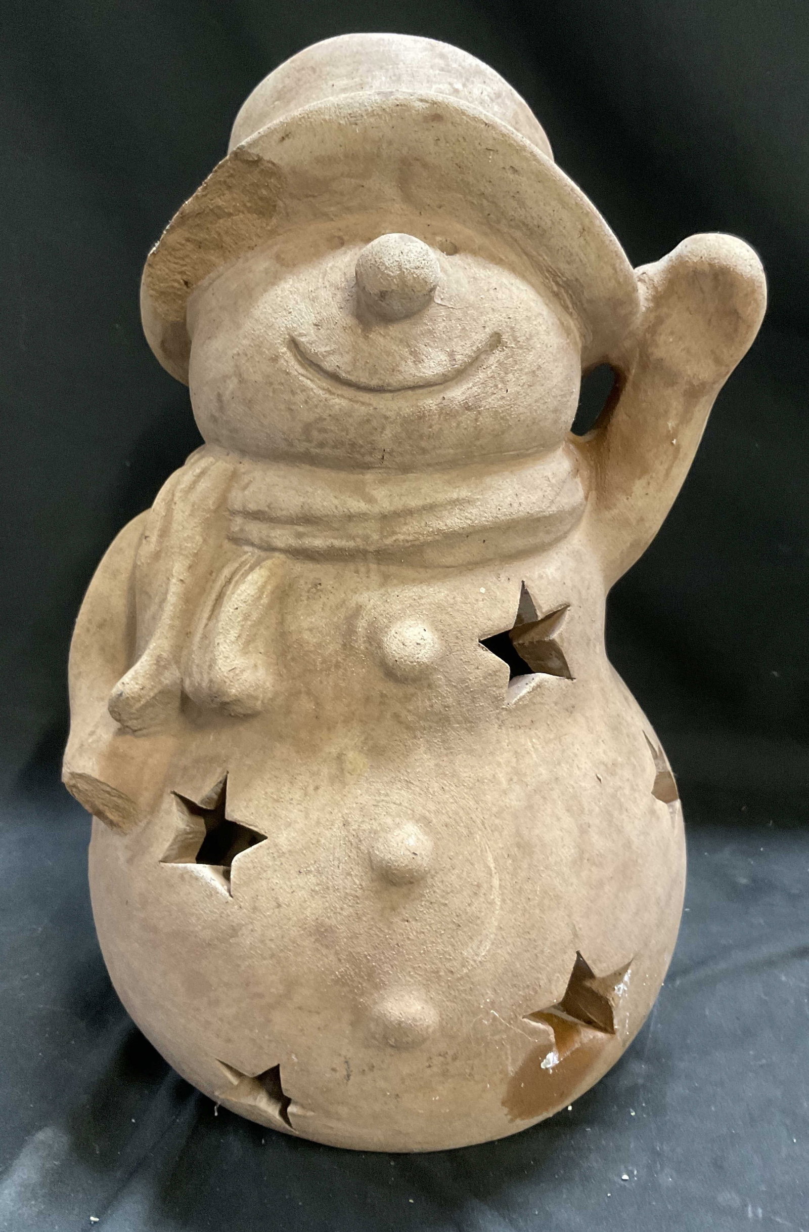 VINTAGE Unglazed Terracotta Snowman Luminary: Vintage Unglazed Terracotta Snowman Luminary. Star shaped cutouts. Designed to hold tealights or LED light strings. Chip on hat. Measures approx 14in H x 8in Diam. vintage statues, snowman, luminary, 
