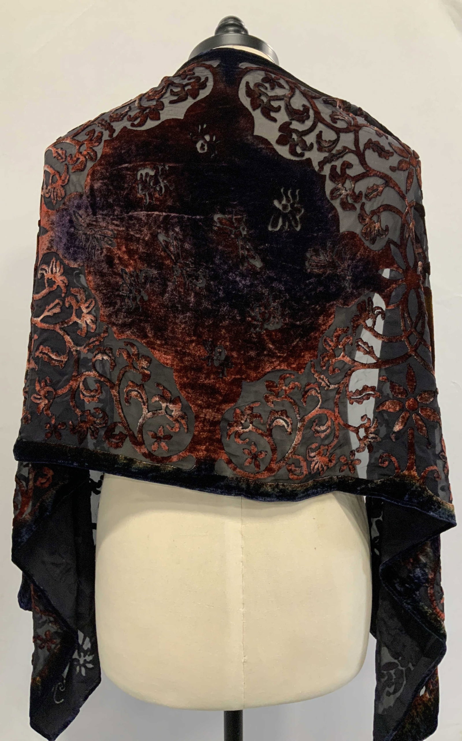 Vntg KEVIN OBRIEN STUDIO butterfly scarf, Italy: Vintage KEVIN OBRIEN STUDIO butterfly scarf. Made in Italy from a silk rayon blend. The fabric is called burnout silk. The intricate patterns are created though a chemical process that dissolves the