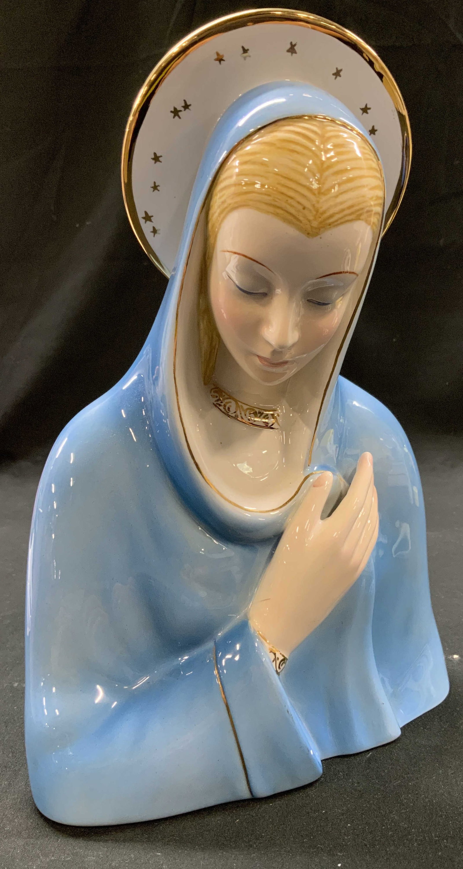 Vtg Ronzan Madonna Ceramic Bust, ITALY: Vintage Madonna, Virgin Mary ceramic bust handcrafted in Italy by Ronzan workshop. Mother Mary in blue veil cowl with circular white halo adorned with hand gilded gold accents and tiny stars. Undersid