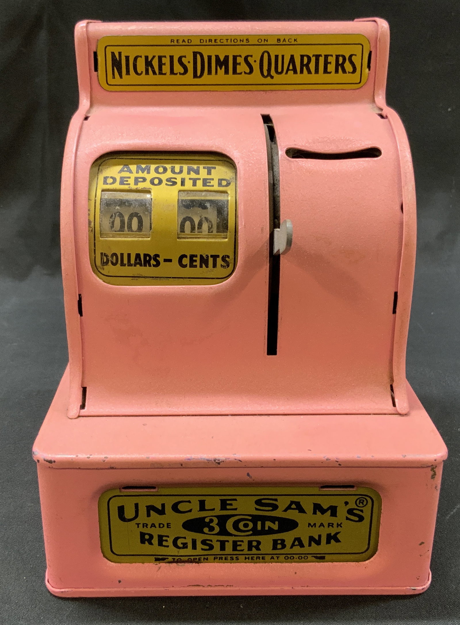 Vtg Uncle Sams Pink 3 Coin Register Bank (1 of 9)