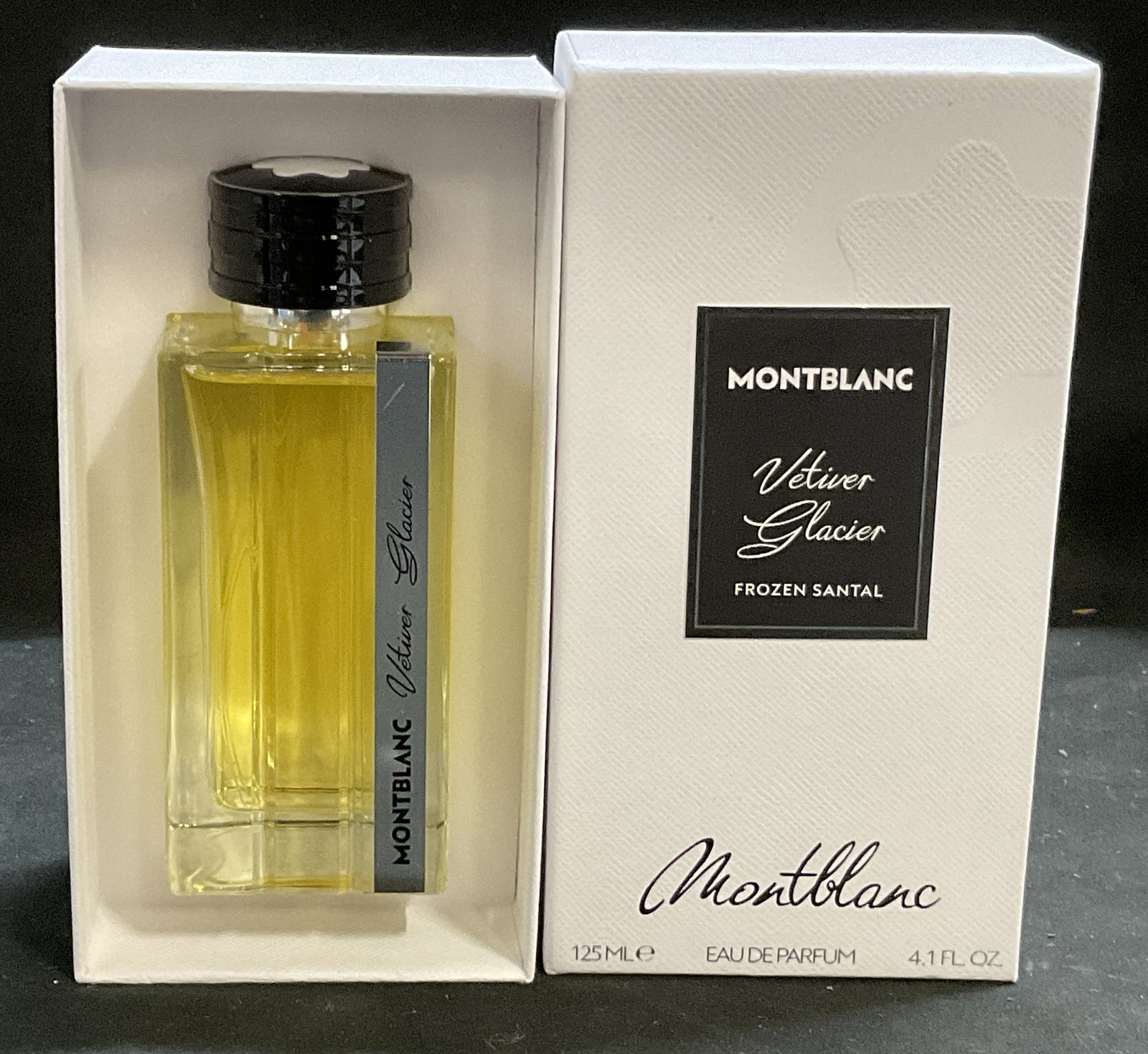 NIB Montblanc Vetiver Glacier Perfume FRANCE: New in Box Montblanc Vetiver Glacier Frozen Santal Eau de Parfum. France. 125ML perfume bottle. Condition consistent with exposure. Measures approx 5.5in H x 2in Diam. new in box, Montblanc, perfume,