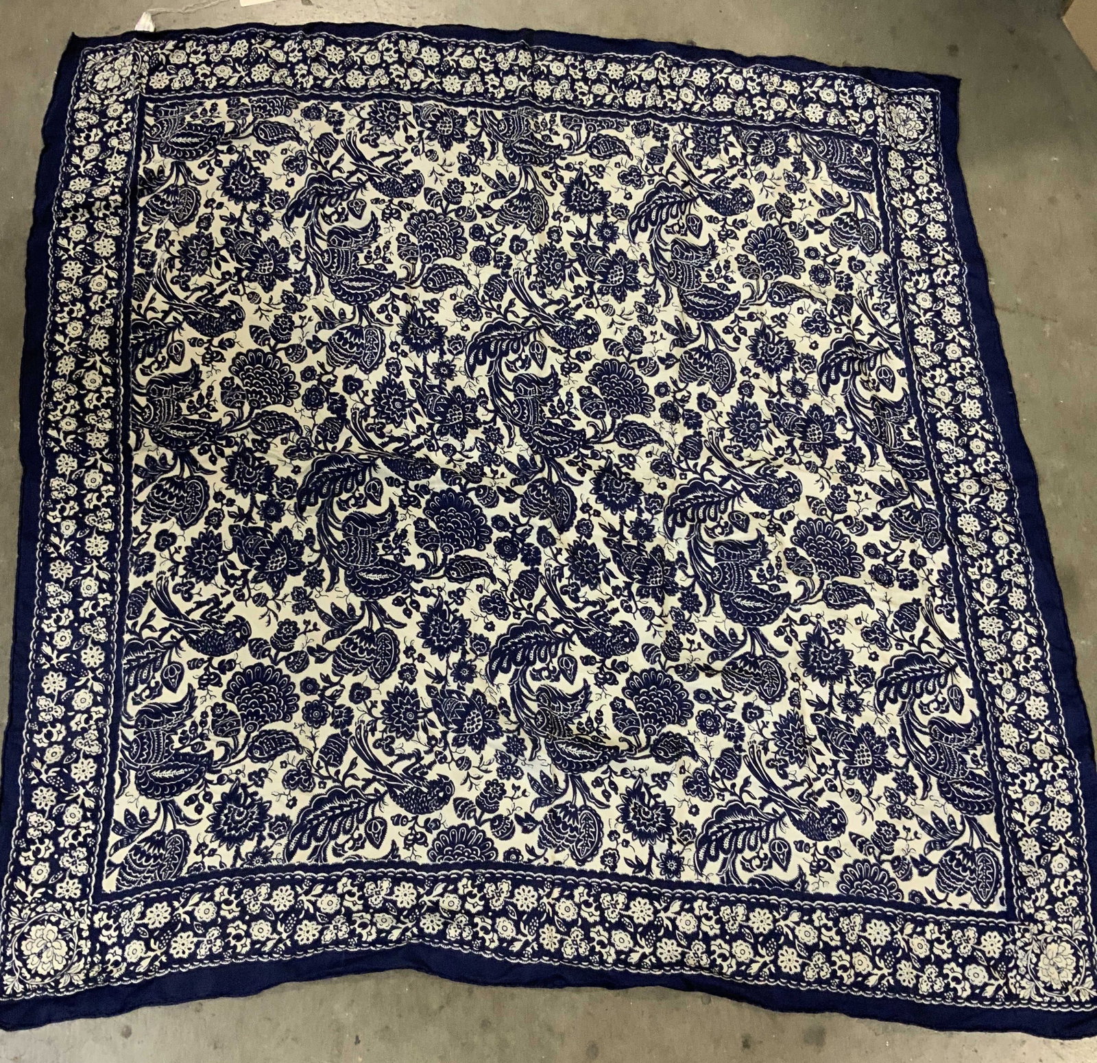 Vntg Shanghai Elelweiss square silk scarf, NWT: Vintage Shanghai Elelweiss square scarf. New With Tags. Made of 100% silk. Features all over intricate pattern in a deep navy blue line art style against a soft cream background. It showcases a