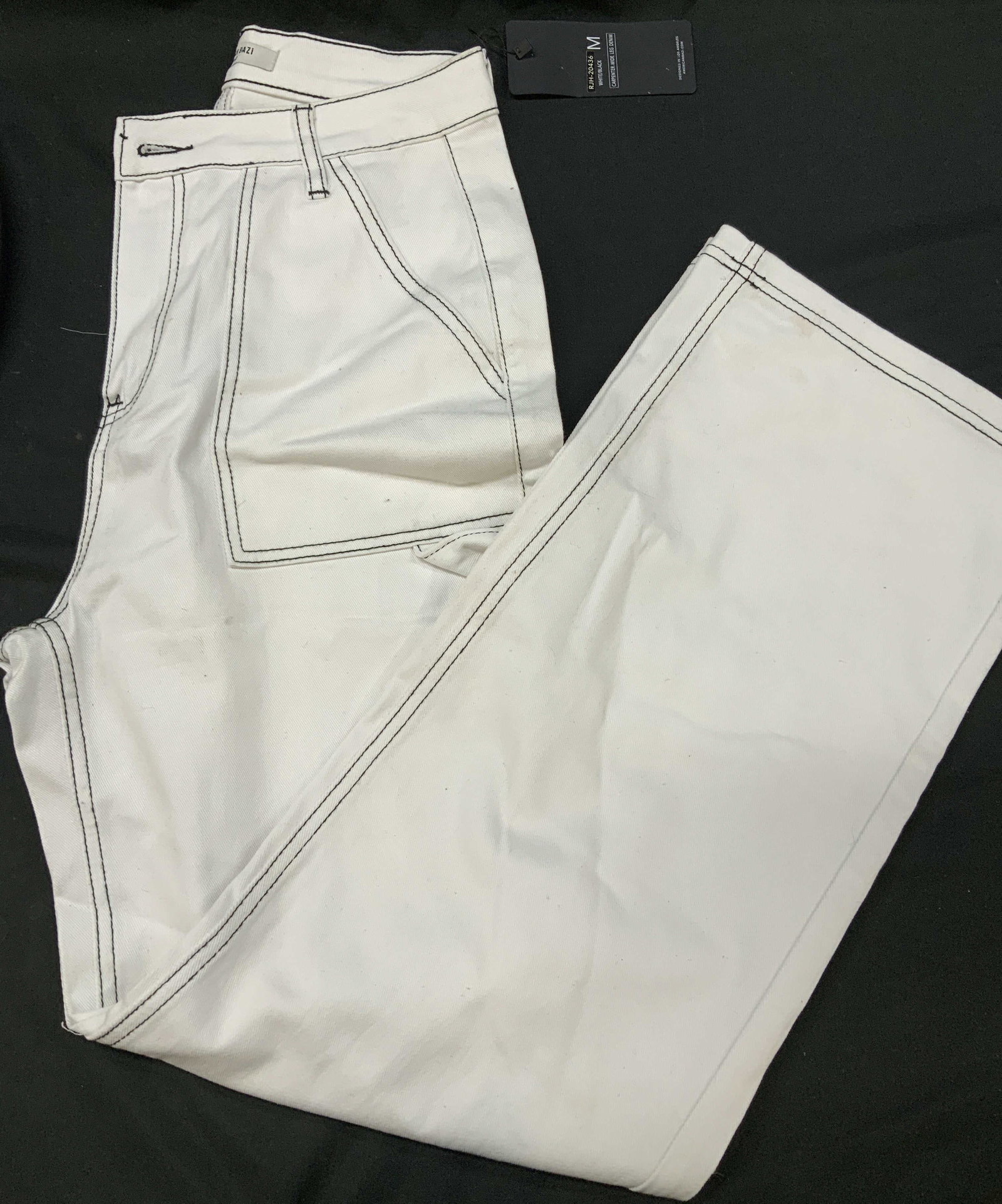 American Bazi wide leg denim utility pants, NWT: American Bazi white wide leg denim utility pants. New With Tags. Designed with heavy back contrast stitching that highlights the structural seems, belt loops, and pockets. The utility style is