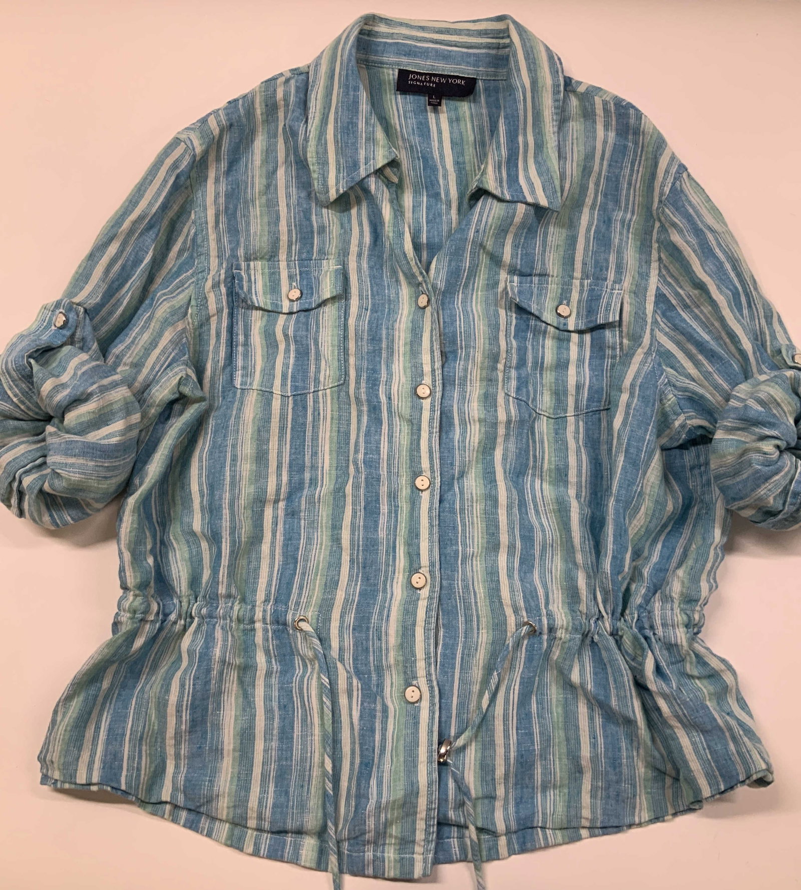 Vntg Jones New York lightweight linen button shirt: Vintage Jones New York lightweight button down shirt. Made it 100% linen in size large. Features a vibrant blue, teal ,and lime green vertical stripe pattern. A distinct feature of this shirt is the