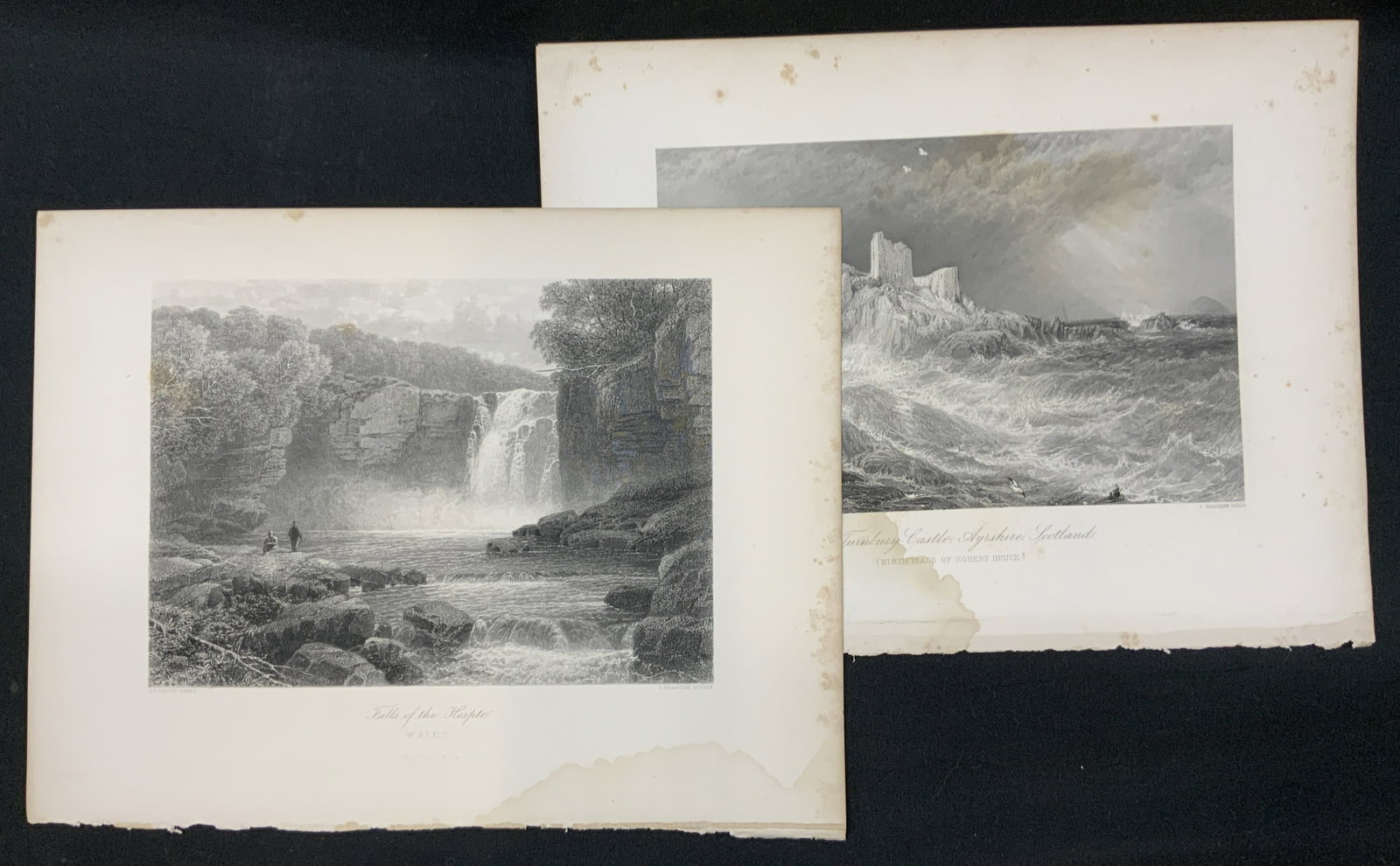 Vtg Set of 2 Unframed Engraving Art Prints: Vintage set of 2 unframed Engraving Art Prints. Reproductions of the 1870s steel plate engravings designed by artist Myles Birket Foster and engraved by T. Bradshaw. Print 1 features Turnberry Castle