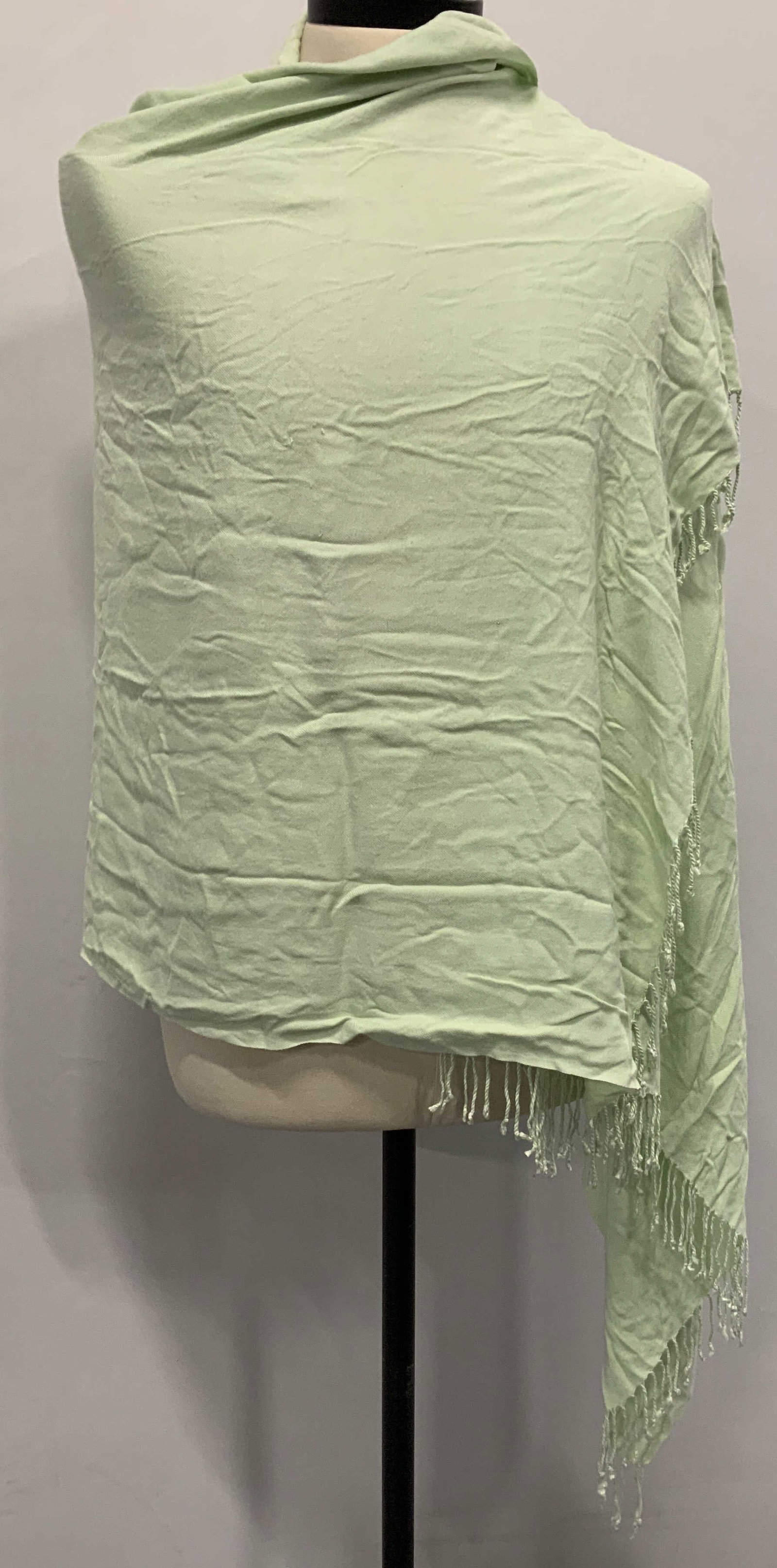 Light green pashmina style scarf: Light green pashmina style scarf. The ends feature a knitted fringe. The scarf is one size fits most and measures app 58 in length. Scarf, fringe, winter wear H 11