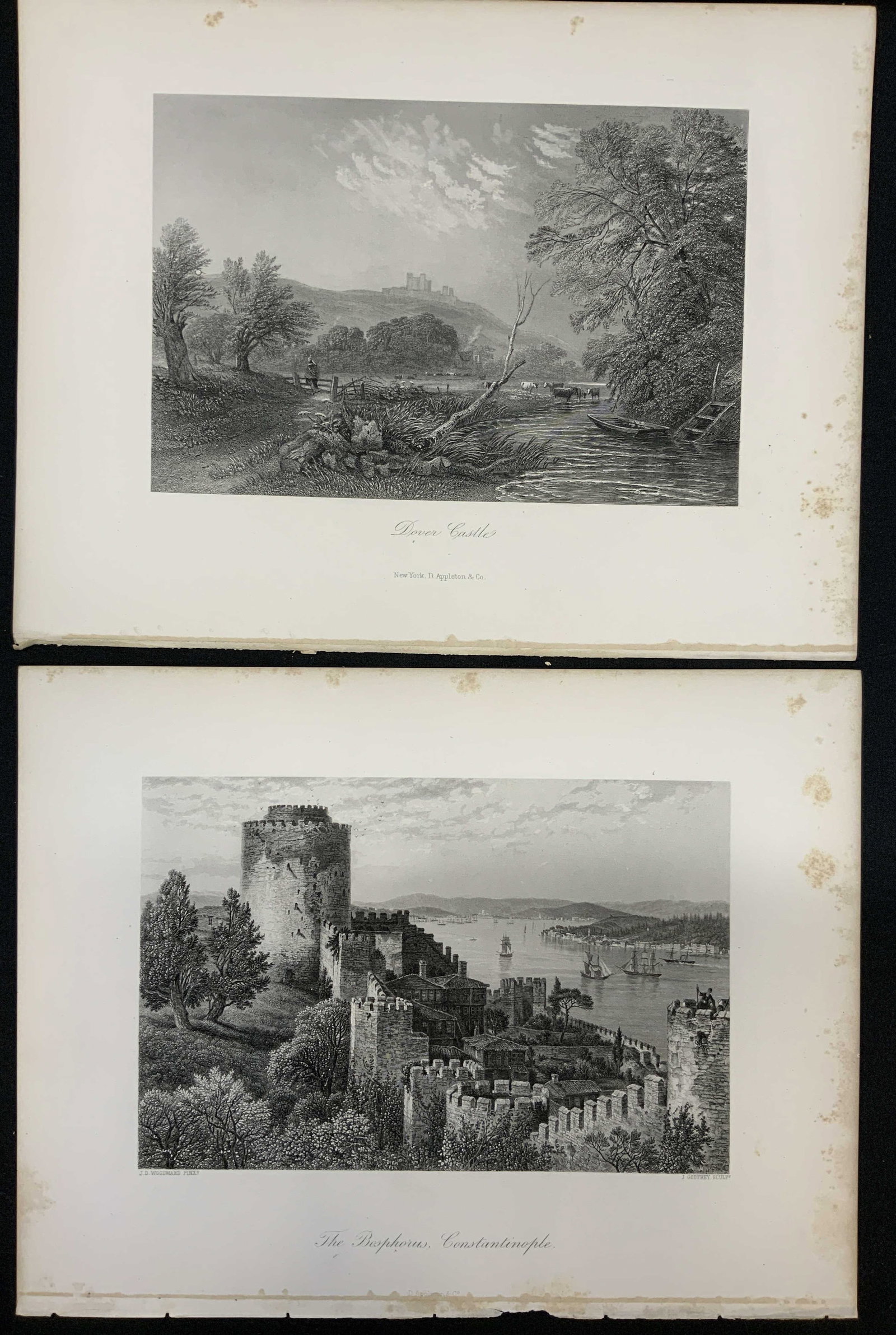 Vtg Set of 2 Unframed Engraving Art Prints: . Vintage Set of 2 Unframed Engraving Art Prints. Reproductions of the 1870s steel plate engravings designed by artist J.D. Woodward and engraved by J. Godfrey, Print 1 features The Bosphourous